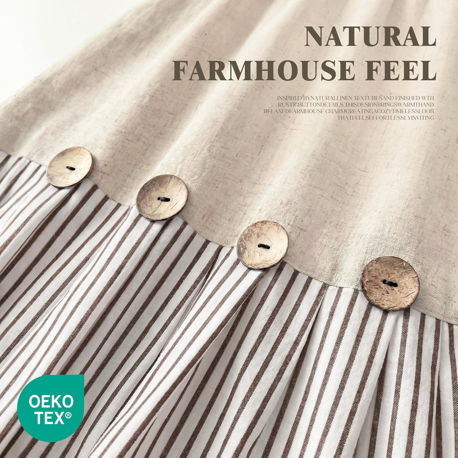 Farmhouse Shower Curtain Linen Beige Button Woven Fabric Country Rustic Western, Pleated Brown Stripe 72" W x 72" L