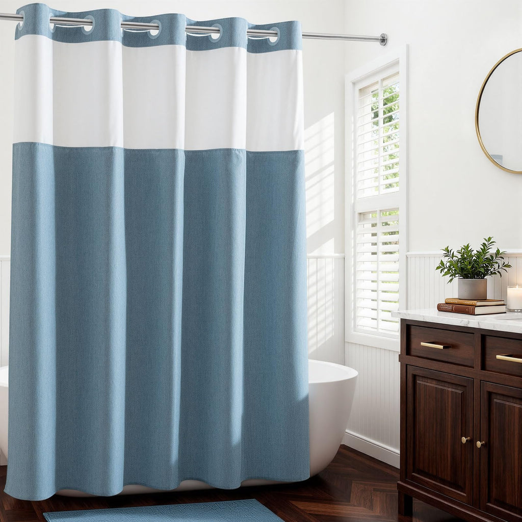 River Dream Linen Textured No Hook Shower Curtain with Snap-in Liner, Farmhouse Quick Dry Fabric Shower Curtain for Bathroom,Rustic Bathroom Set,See-Through Top Window,Water-Repellent,Linen,71Wx74L
