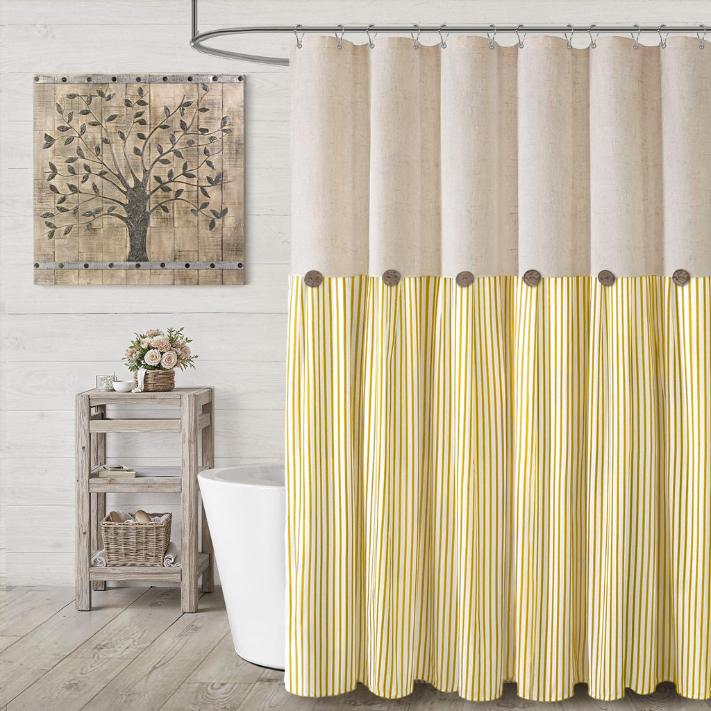 Farmhouse Shower Curtain Linen Beige Button Woven Fabric Country Rustic Western, Pleated Brown Stripe 72" W x 72" L