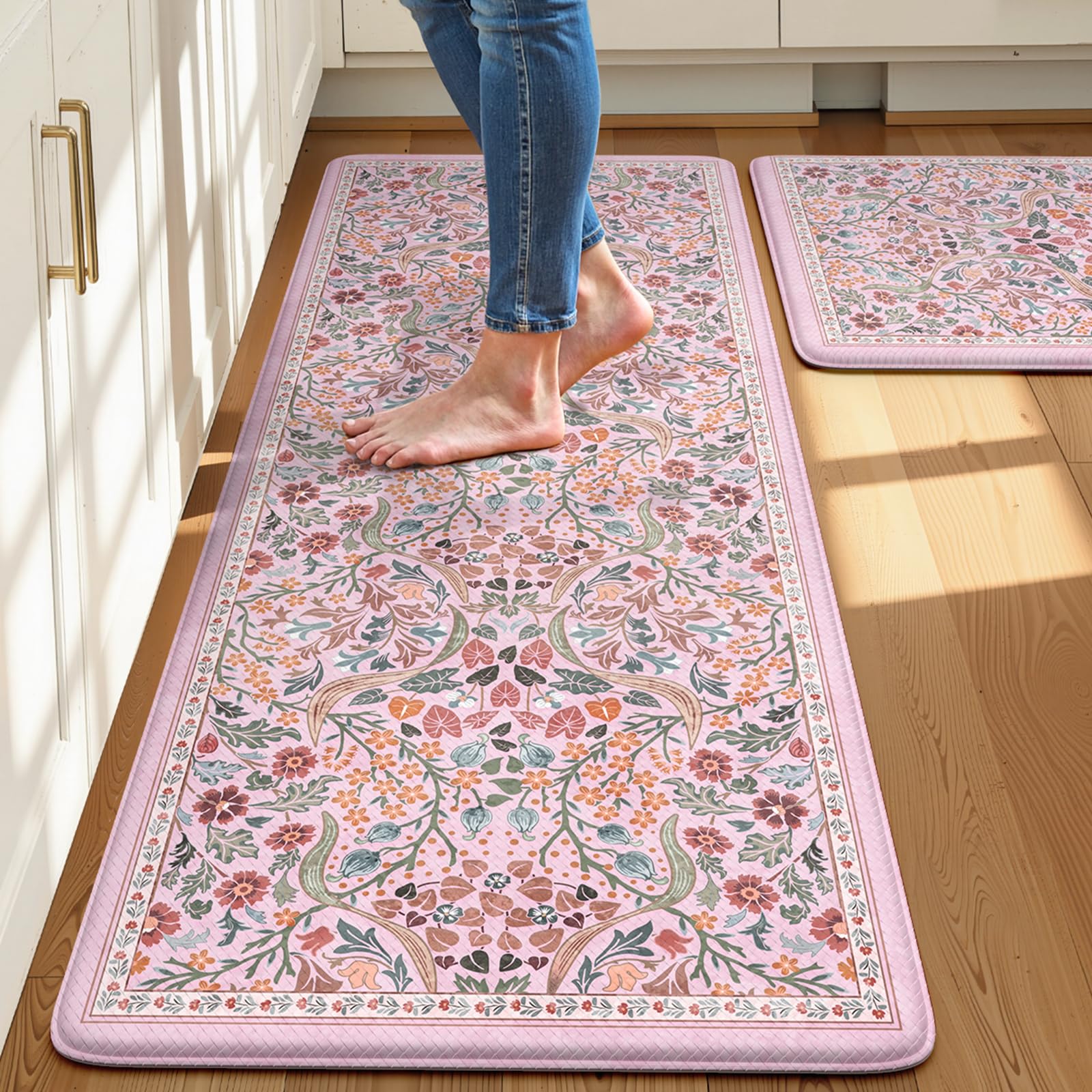 Collive Kitchen Mats for Floor 2PCS, Cushioned Anti Fatigue Mat Non Slip Waterproof Kitchen Sink Rugs, Washable Vintage Spring Floral Rug Comfort Standing Mat for Laundry, Desk, Bar, Office, Black