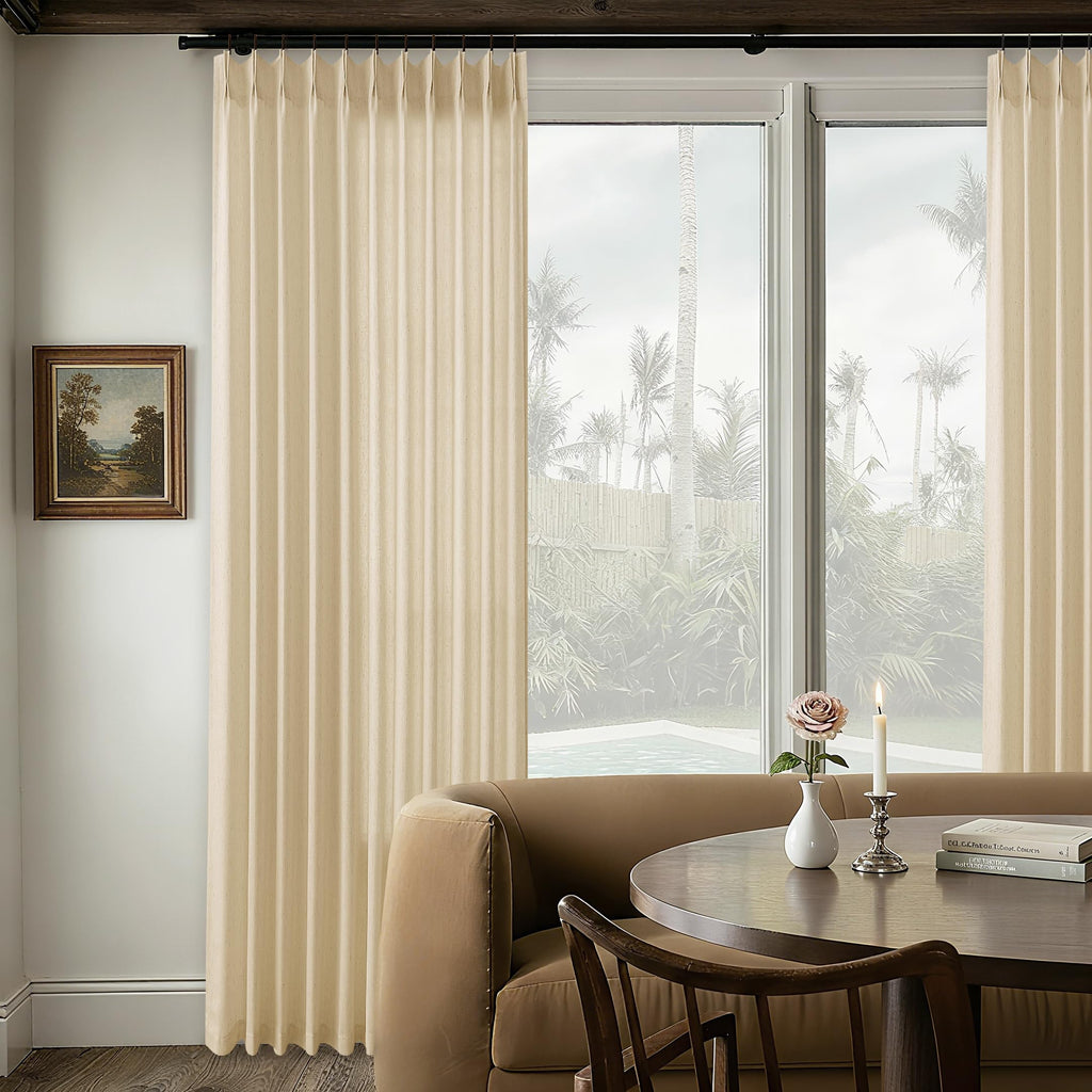 Natural Pinch Pleated Linen Curtains 72 Inches Long 72 Inch Wide for Living Room Bathroom Light Filtering Semi Sheer Shower Bath Curtain 72x72 Boho Neutral Pinch Pleated Drape Hooks Rings 1 Panel