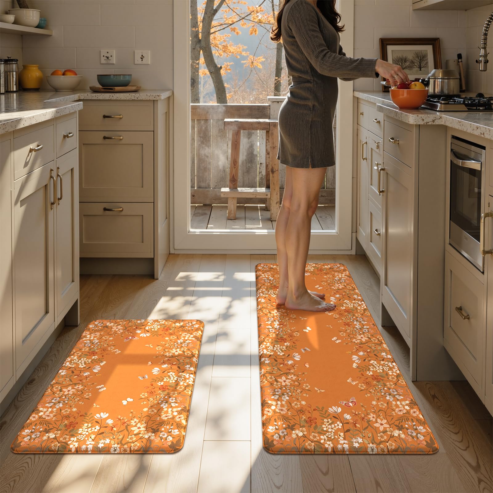 KIMODE Anti Fatigue Kitchen Mats for Floor, Boho Floral Kitchen Rugs Sets of 2, Cushioned Kitchen Floor Mats Non Slip, Comfort Spring Rugs for Kitchen Floor Sink Laundry Desk Beige 17.3"x29"+17.3"x47"