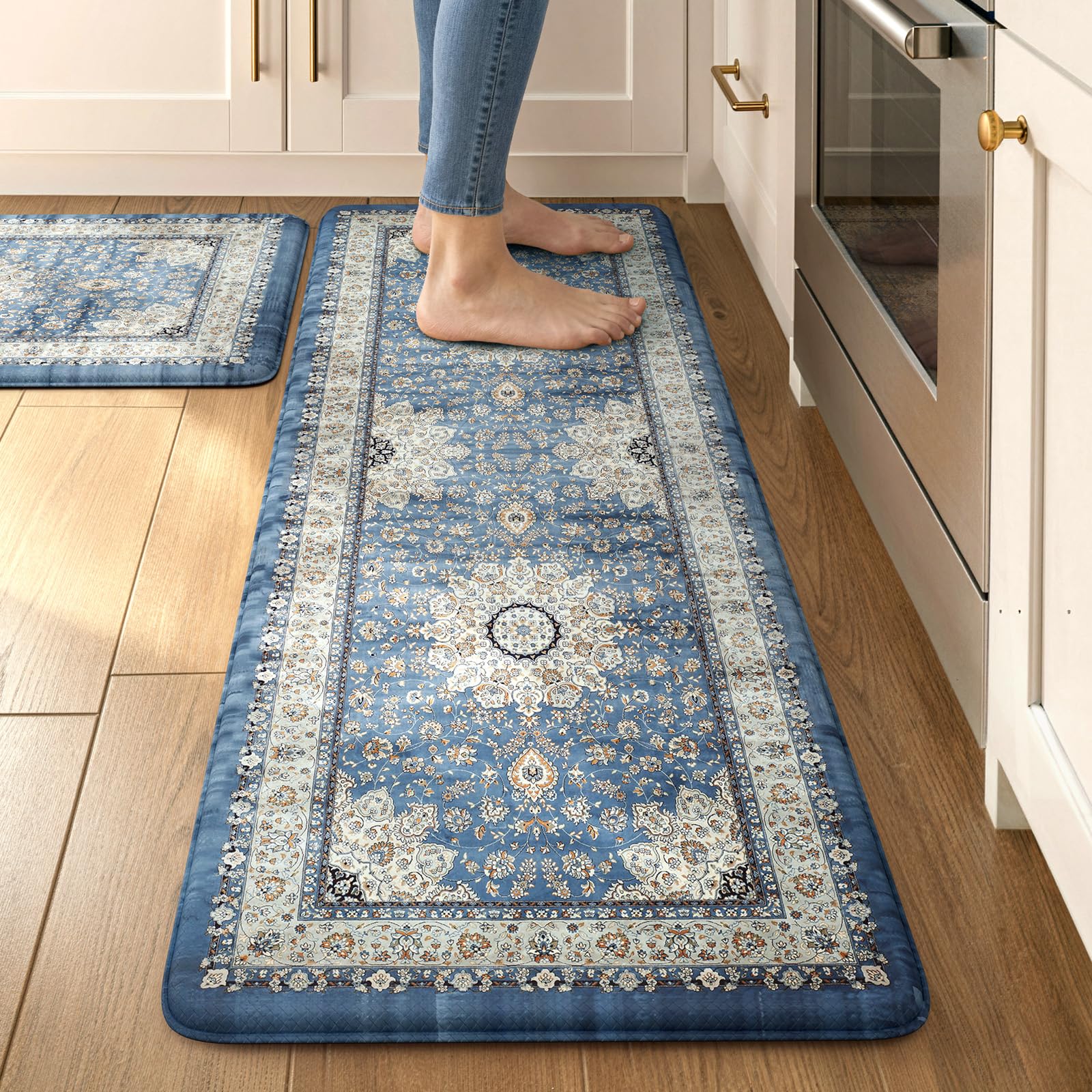 Collive Boho Kitchen Mats 2PCS, Cushioned Kitchen Mat for Floor Anti Fatigue Waterproof Kitchens Rugs Set of 2, Non Skid Comfort Standing Rug for Office, Sink, Laundry, 17.3"x29"+17.3"x47"