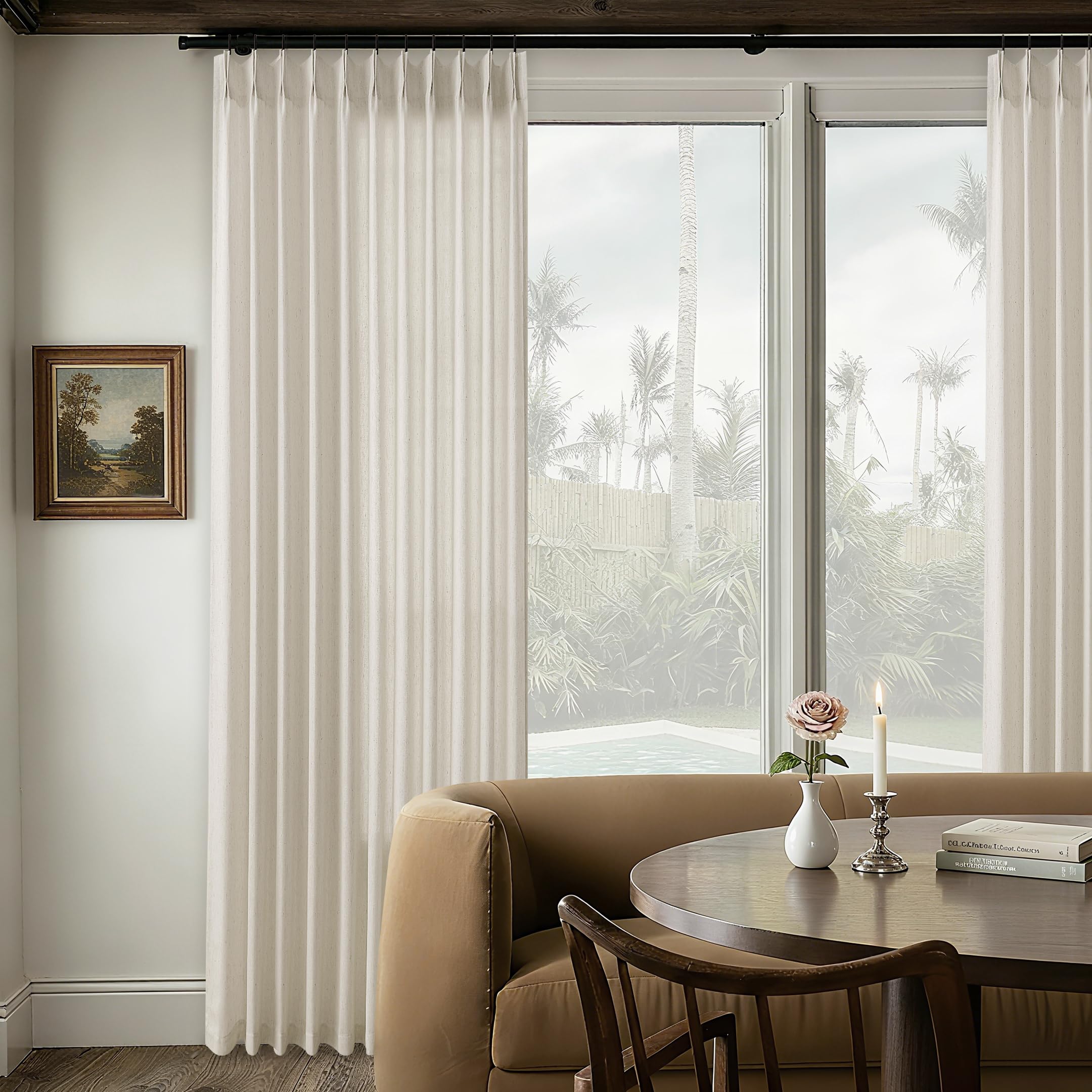 Natural Pinch Pleated Linen Curtains 72 Inches Long 72 Inch Wide for Living Room Bathroom Light Filtering Semi Sheer Shower Bath Curtain 72x72 Boho Neutral Pinch Pleated Drape Hooks Rings 1 Panel