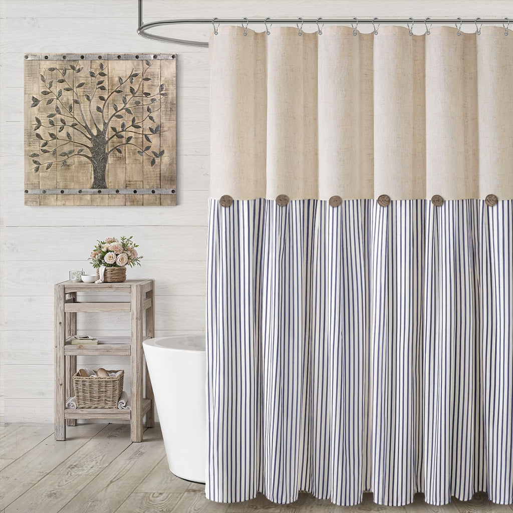 Farmhouse Shower Curtain Linen Beige Button Woven Fabric Country Rustic Western, Pleated Brown Stripe 72" W x 72" L