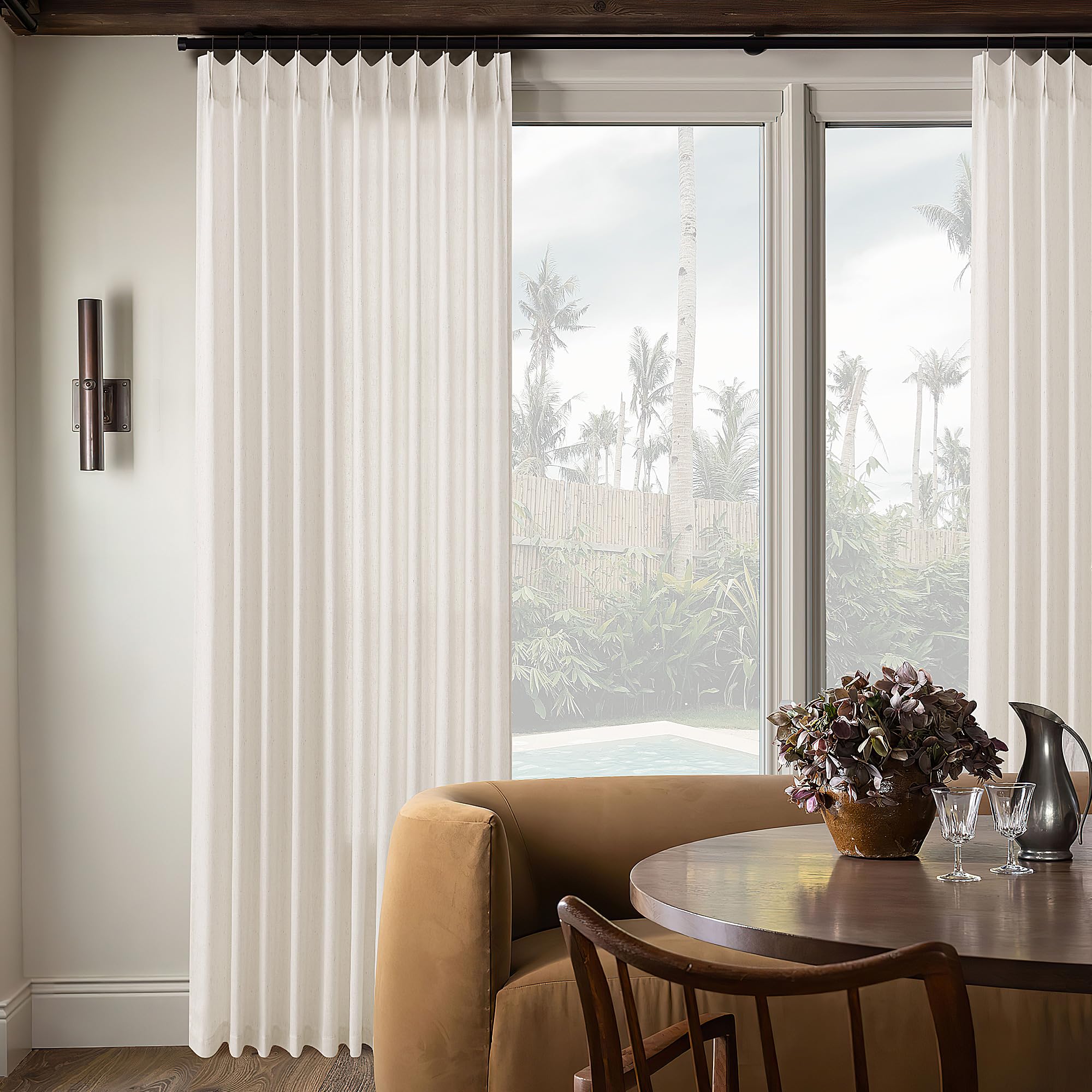 Natural Pinch Pleated Linen Curtains 72 Inches Long 72 Inch Wide for Living Room Bathroom Light Filtering Semi Sheer Shower Bath Curtain 72x72 Boho Neutral Pinch Pleated Drape Hooks Rings 1 Panel