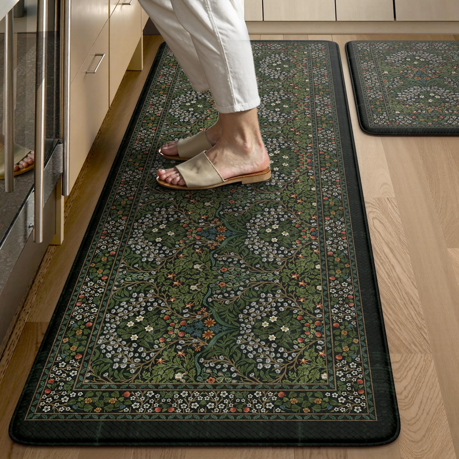 Collive Kitchen Mats for Floor 2PCS, Cushioned Anti Fatigue Mat Non Slip Waterproof Kitchen Sink Rugs, Washable Vintage Spring Floral Rug Comfort Standing Mat for Laundry, Desk, Bar, Office, Black
