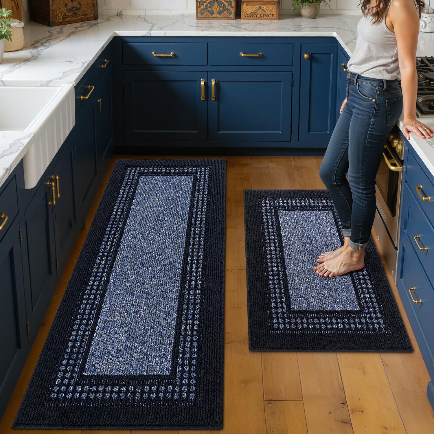hicorfe Kitchen Runner Rugs,Set of 2 Non Slip Kitchen Mats for Floor,Vintage Stain Resistant Kitchen Mat Floor Carpet for Hallways Entryway Laundry Room Washable(20"x59"+20"x48",Grey)