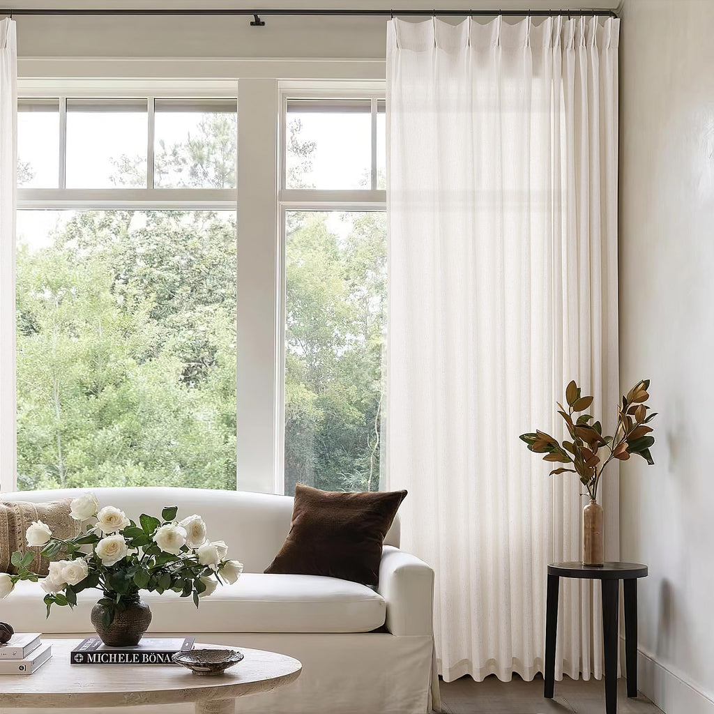 Natural Pinch Pleated Linen Curtains 72 Inches Long 72 Inch Wide for Living Room Bathroom Light Filtering Semi Sheer Shower Bath Curtain 72x72 Boho Neutral Pinch Pleated Drape Hooks Rings 1 Panel