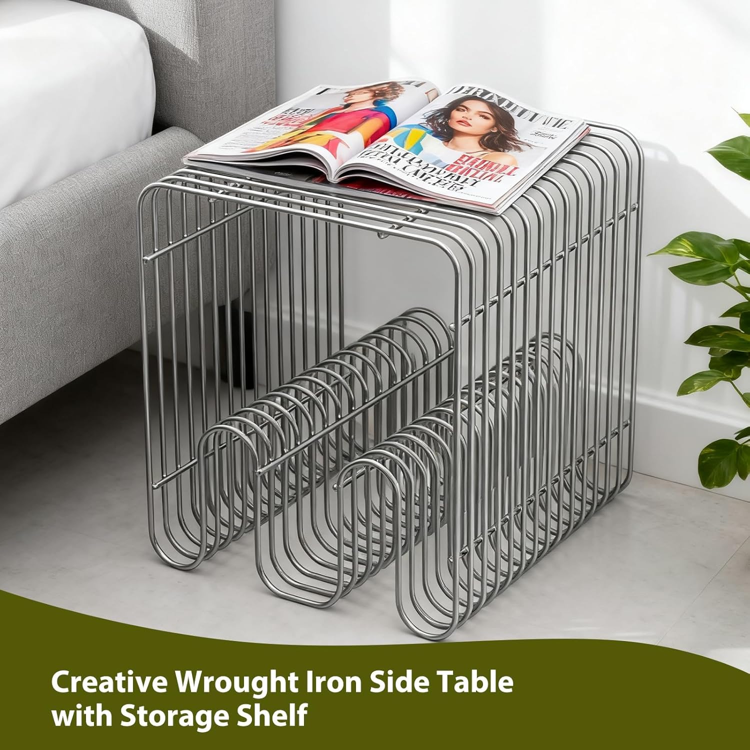 Metal Side Table Stainless Steel Linear Metal Small End Table with Magazine Rack Modern Minimalist Nightstand Stainless Steel End Table with Storage Shelf for Living Room Bedroom Office