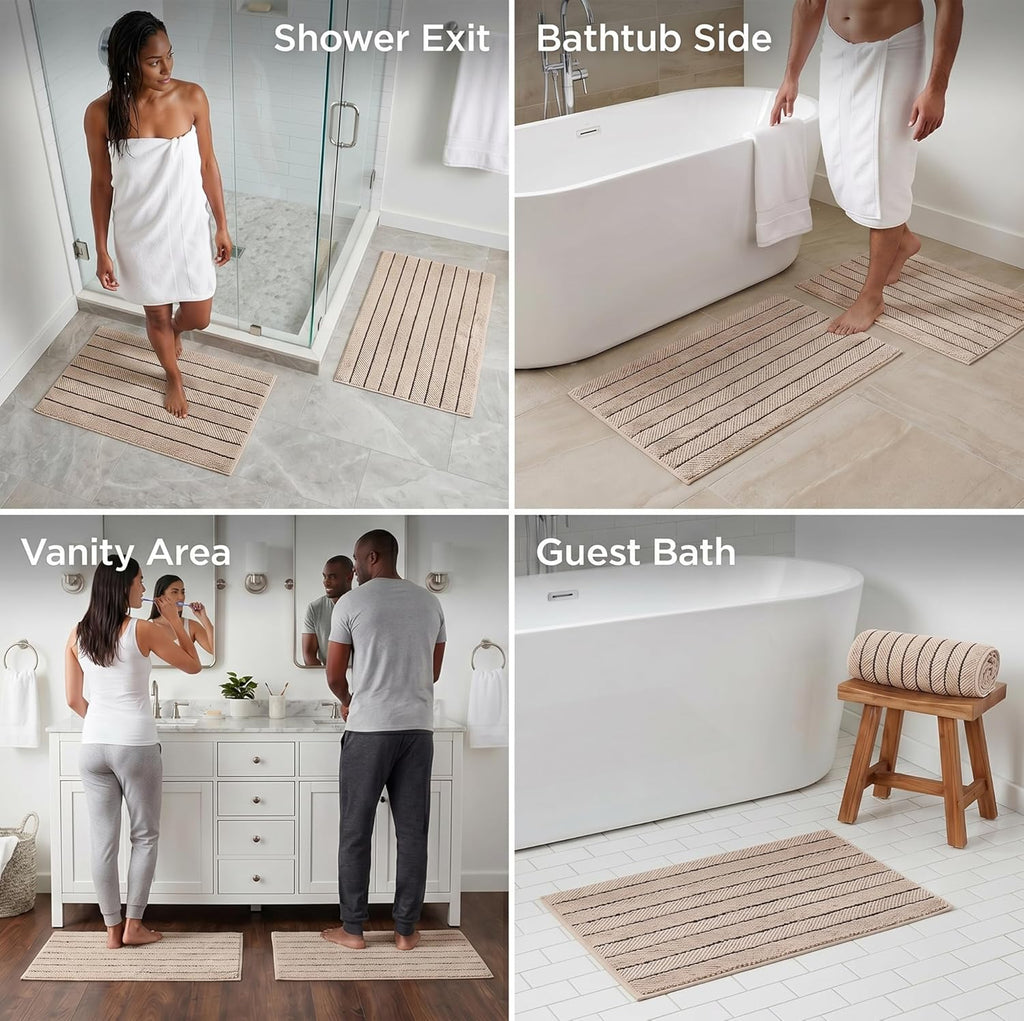 Herringbone Bath Mat Set of 2, Turkish Cotton Tencel Blend, Absorbent Quick Dry, 20x32 Inch, Oeko-TEX Certified, Made in Turkey
