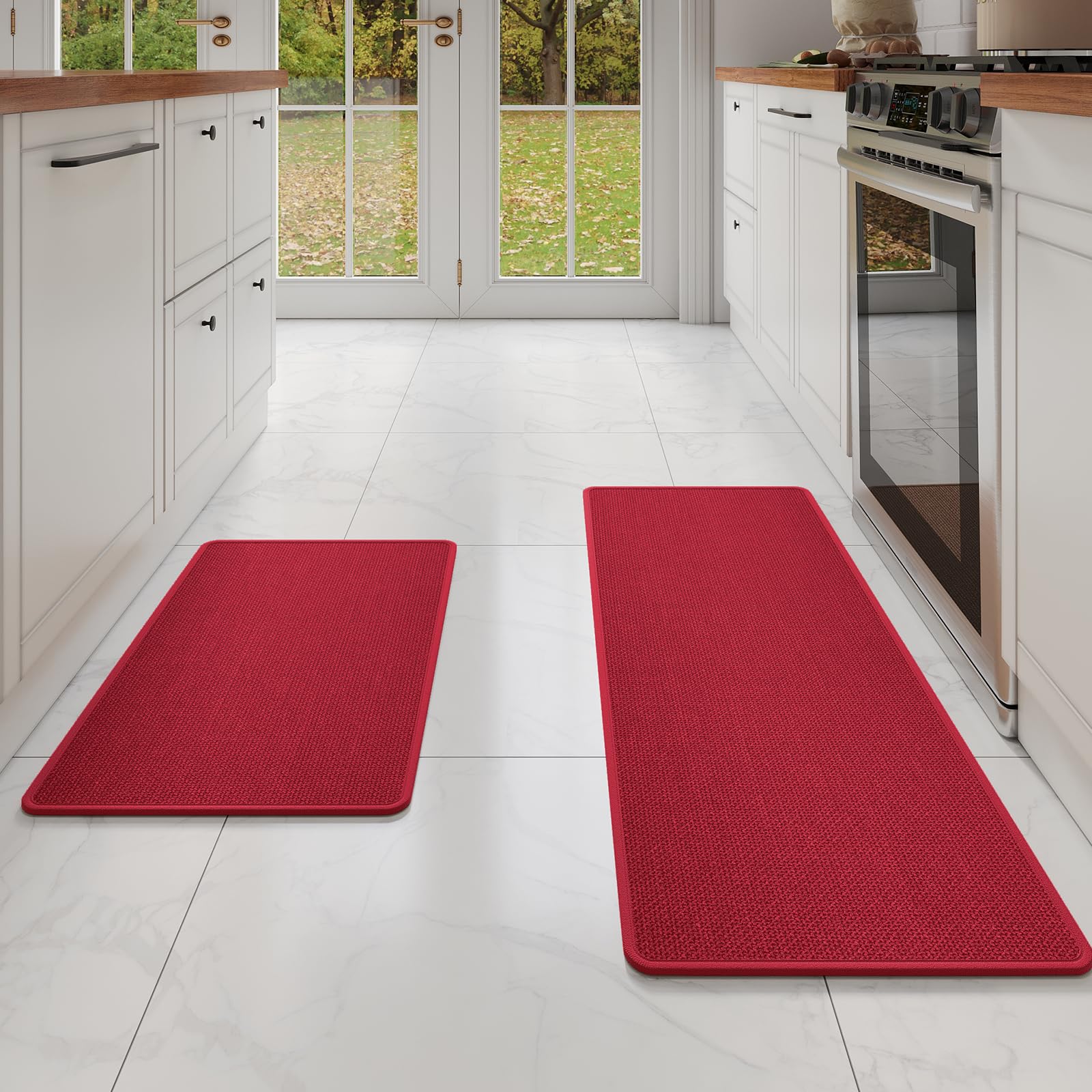 YDKGL Kitchen Mat Set of 2 PCS, Cushioned Non Slip Rugs for Kitchen Floor, Absorbent Runner Comfort Standing Mats Washable for Kitchen, Office, Home Red 17x30+17x59
