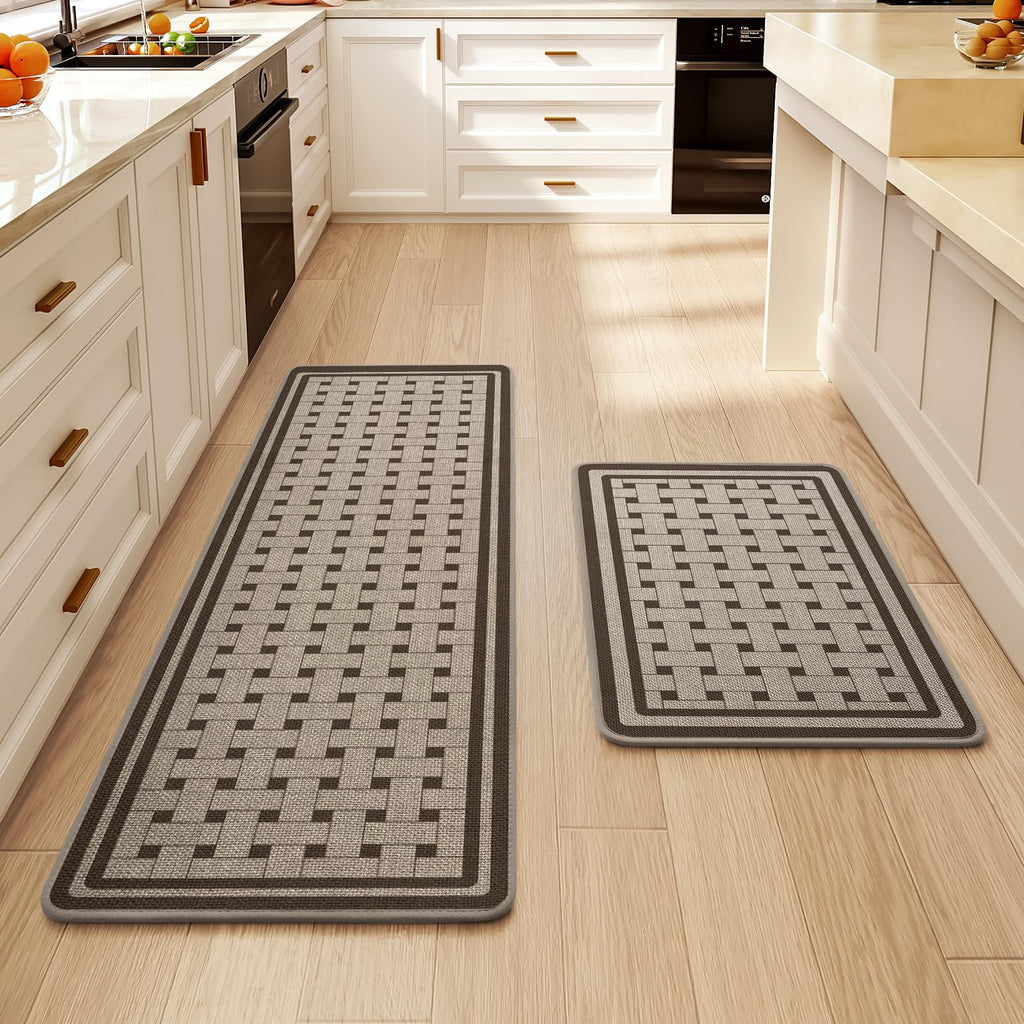 Kitchen Rugs Set of 2,Kitchen Mats for Floor, Runner Rugs Non Slip Washable Absorbent Kitchen Floor Mat, Braided Kitchen Sink Rug, 17''x30''+17''x47'' Brown