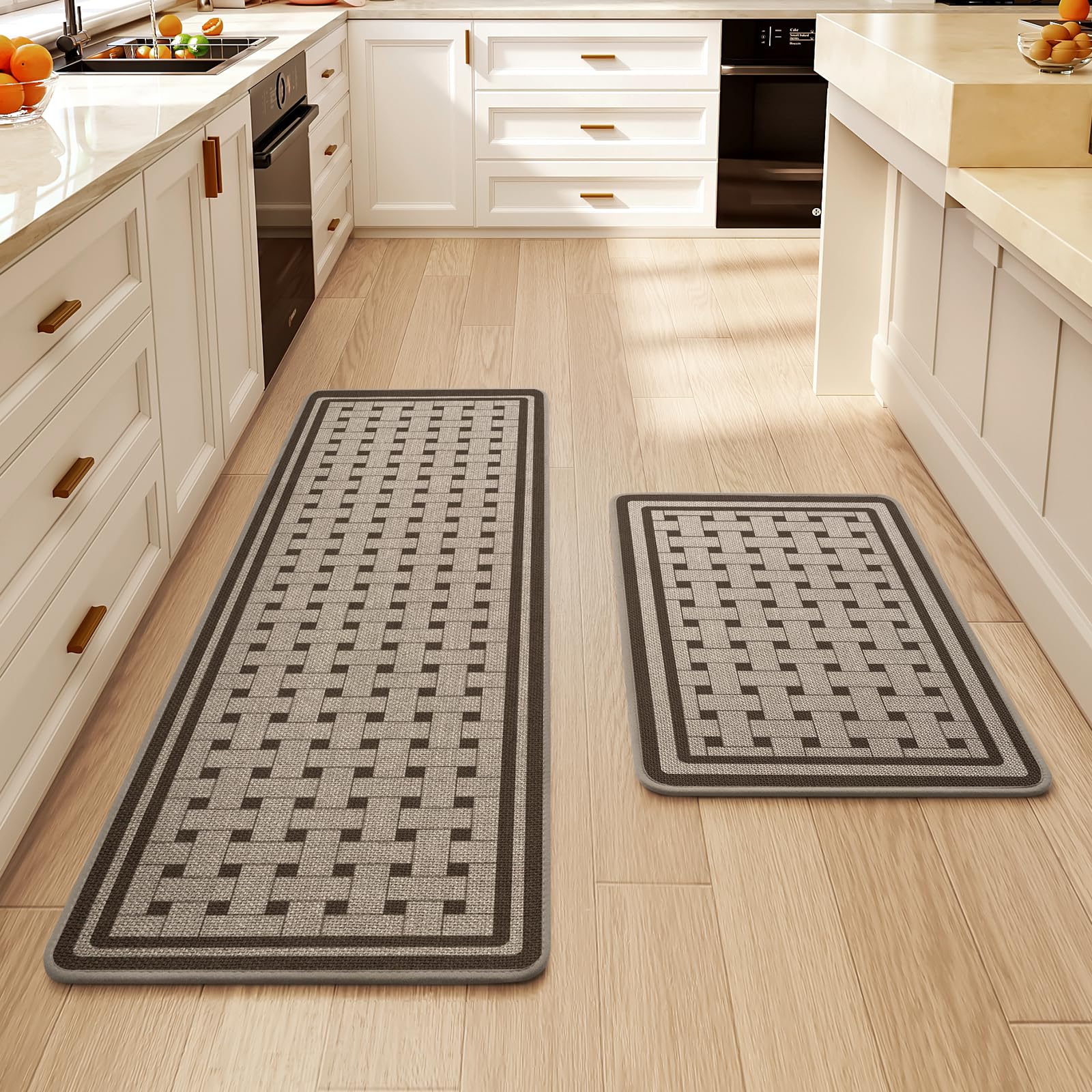 Kitchen Rugs Set of 2,Kitchen Mats for Floor, Runner Rugs Non Slip Washable Absorbent Kitchen Floor Mat, Braided Kitchen Sink Rug, 17''x30''+17''x47'' Brown