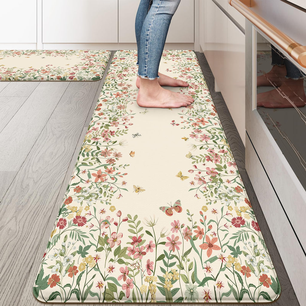 KIMODE Anti Fatigue Kitchen Mats for Floor, Boho Floral Kitchen Rugs Sets of 2, Cushioned Kitchen Floor Mats Non Slip, Comfort Spring Rugs for Kitchen Floor Sink Laundry Desk Beige 17.3"x29"+17.3"x47"