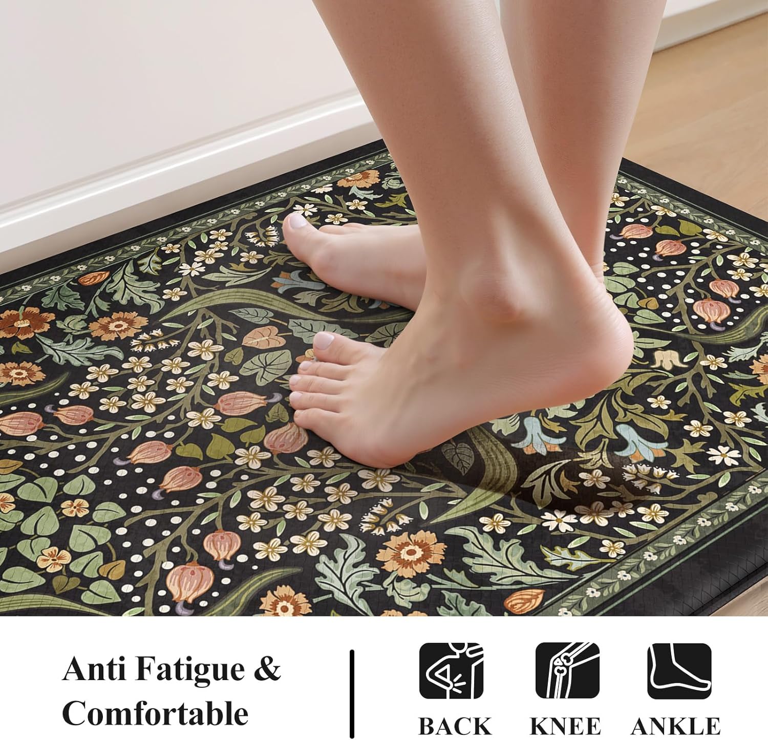 Collive Kitchen Mats for Floor 2PCS, Cushioned Anti Fatigue Mat Non Slip Waterproof Kitchen Sink Rugs, Washable Vintage Spring Floral Rug Comfort Standing Mat for Laundry, Desk, Bar, Office, Black