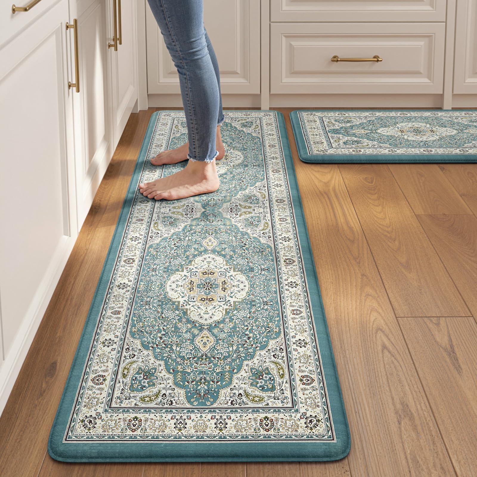 Collive Boho Kitchen Mats 2PCS, Cushioned Kitchen Mat for Floor Anti Fatigue Waterproof Kitchens Rugs Set of 2, Non Skid Comfort Standing Rug for Office, Sink, Laundry, 17.3"x29"+17.3"x47"