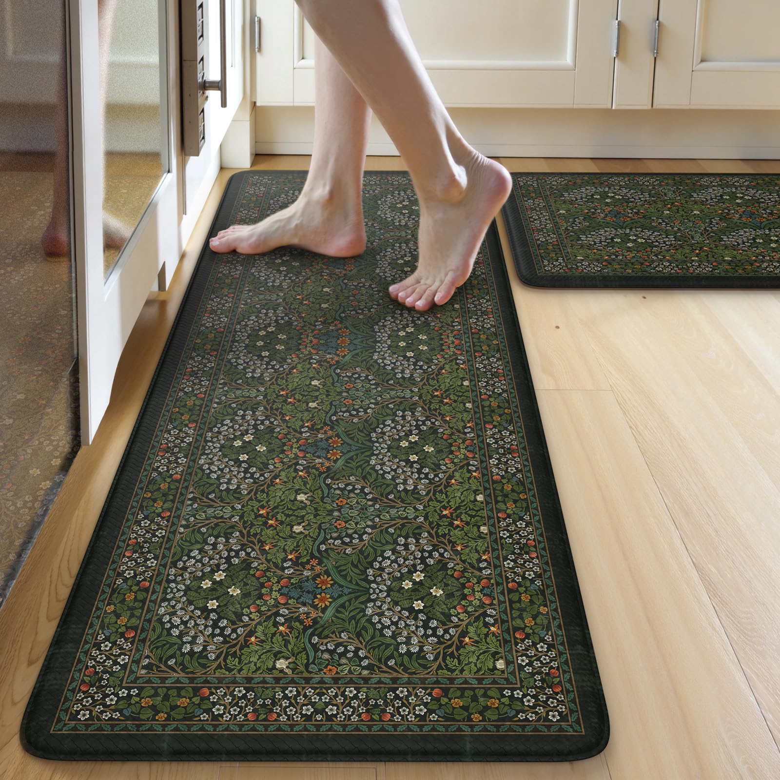 Collive Kitchen Mats for Floor 2PCS, Cushioned Anti Fatigue Mat Non Slip Waterproof Kitchen Sink Rugs, Washable Vintage Spring Floral Rug Comfort Standing Mat for Laundry, Desk, Bar, Office, Black