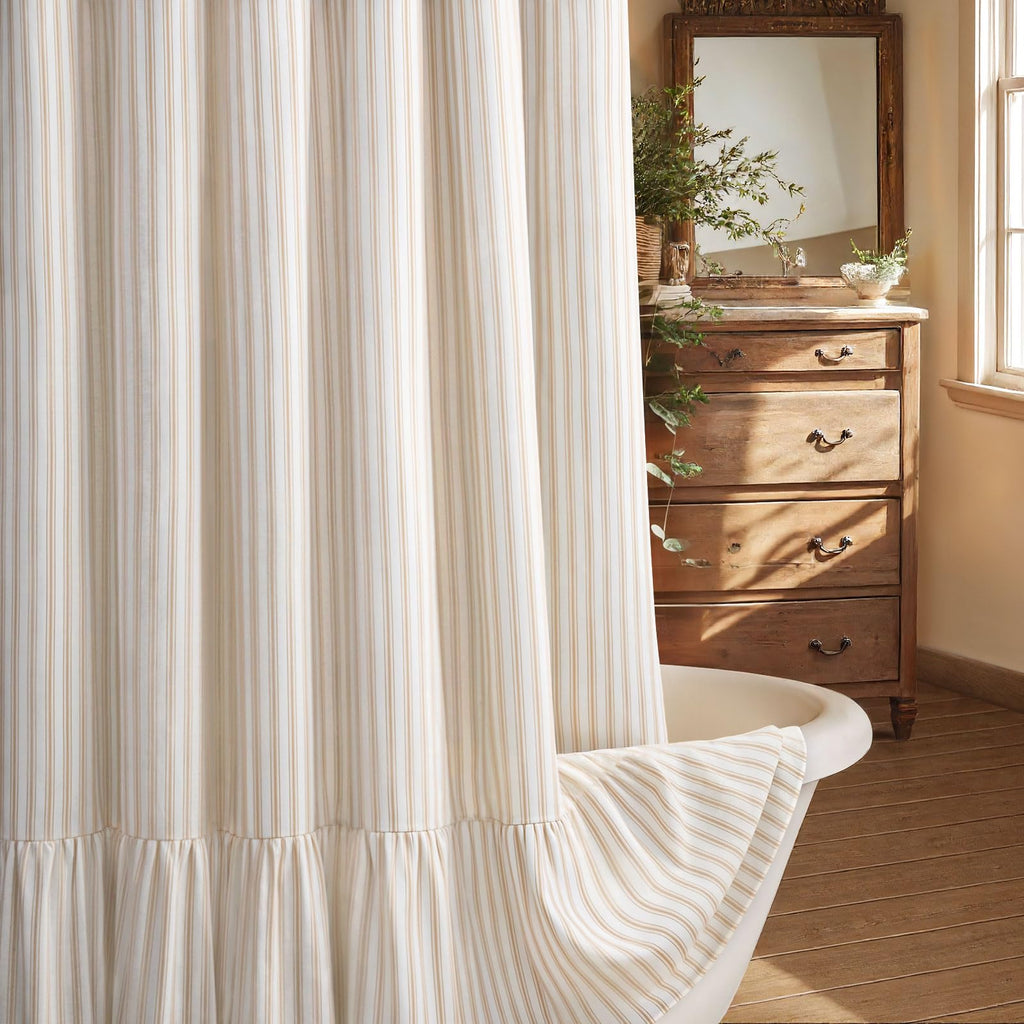 Beige Linen Farmhouse Ruffle Shower Curtain 72"×72", Rustic Boho Country Bathroom Fabric Curtain