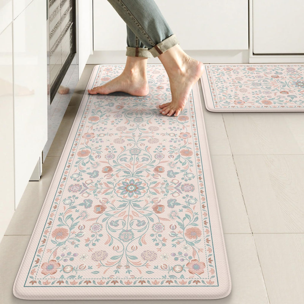 KIMODE Anti Fatigue Mats for Kitchen Floor Non Slip,Farmhouse Boho Floral Standing Kitchen Rugs Sets of 2,Comfort Cushioned Padded Ergonomic Carpet for Laundry Sink Office,Beige