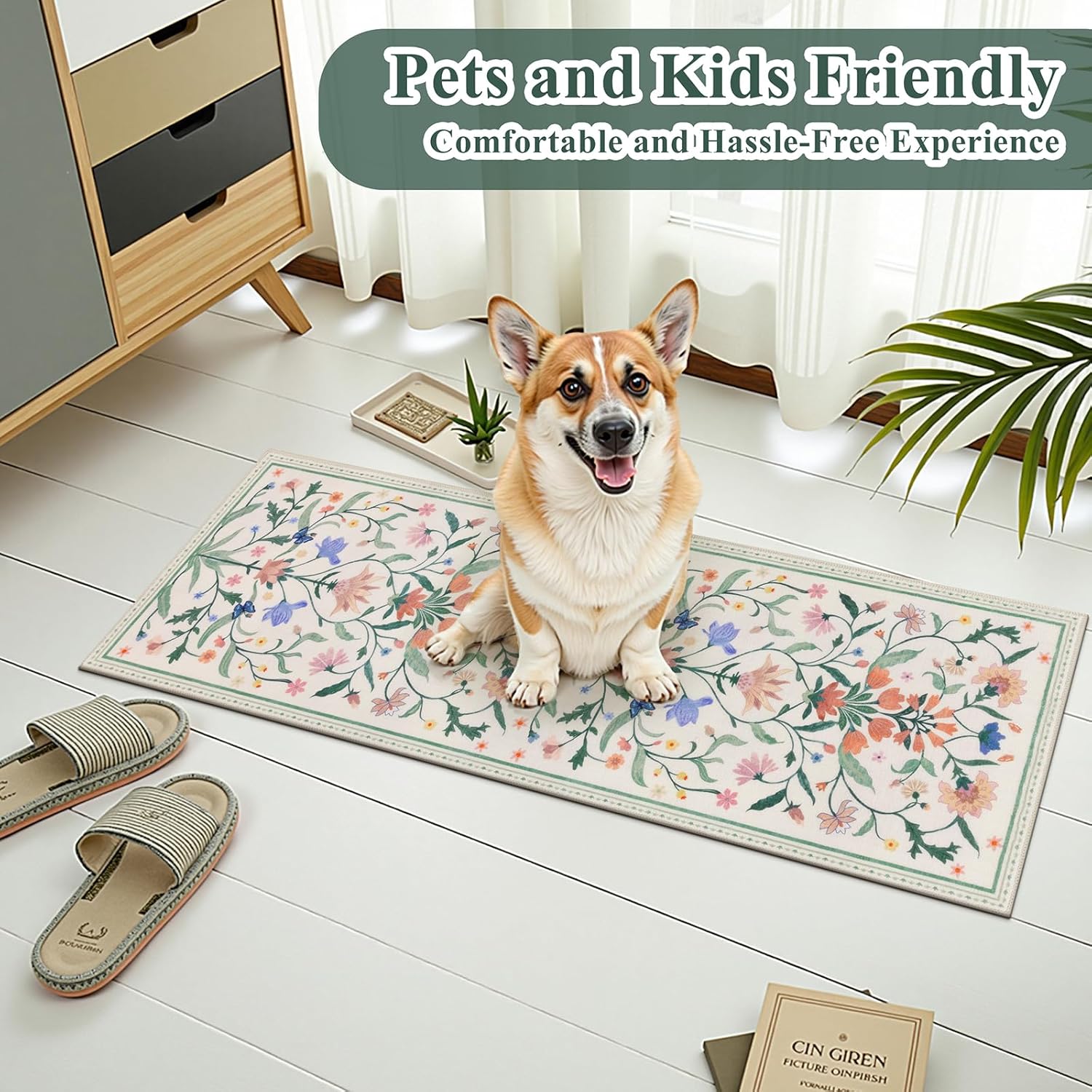 Ileading Kitchen Mat Sets 2 Piece,Plant Florals Rugs for Kitchen Floor,Stain Resistant Standing Mats with Non Slip Rubber Backing,Waterproof Runner Rugs for Laundry,Doormat,Entryway(Beige Florals)