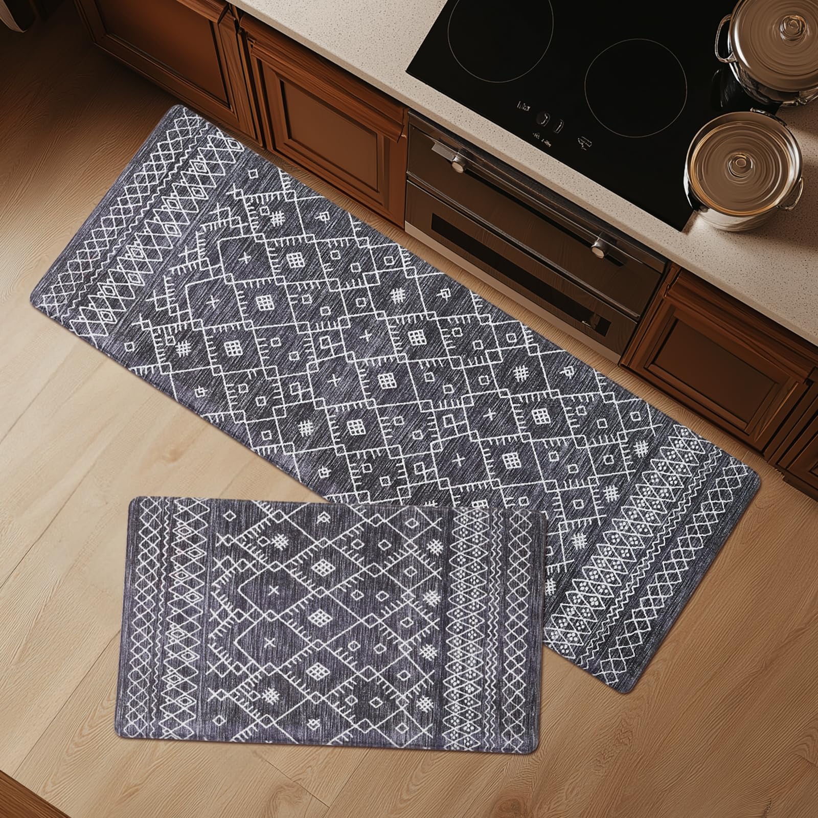 FRESHMINT Anti Fatigue Kitchen Mats for Floor 2 Piece Set, Waterproof & Non-Skid Vintage Floarl Kitchen Rugs, Cushioned Kitchen Mat for Standing Washable Comfort Desk Kitchen Runners, 17x30''+17x47''