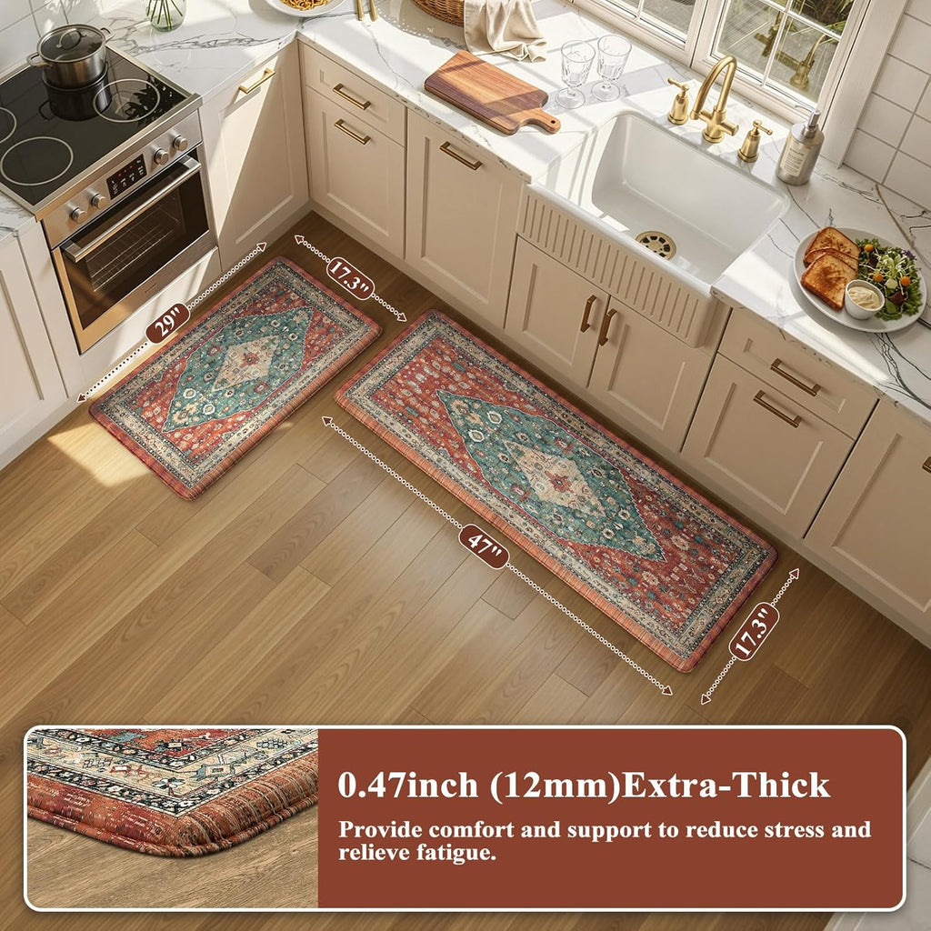 Collive Boho Kitchen Mats 2PCS, Cushioned Kitchen Mat for Floor Anti Fatigue Waterproof Kitchens Rugs Set of 2, Non Skid Comfort Standing Rug for Office, Sink, Laundry, 17.3"x29"+17.3"x47"
