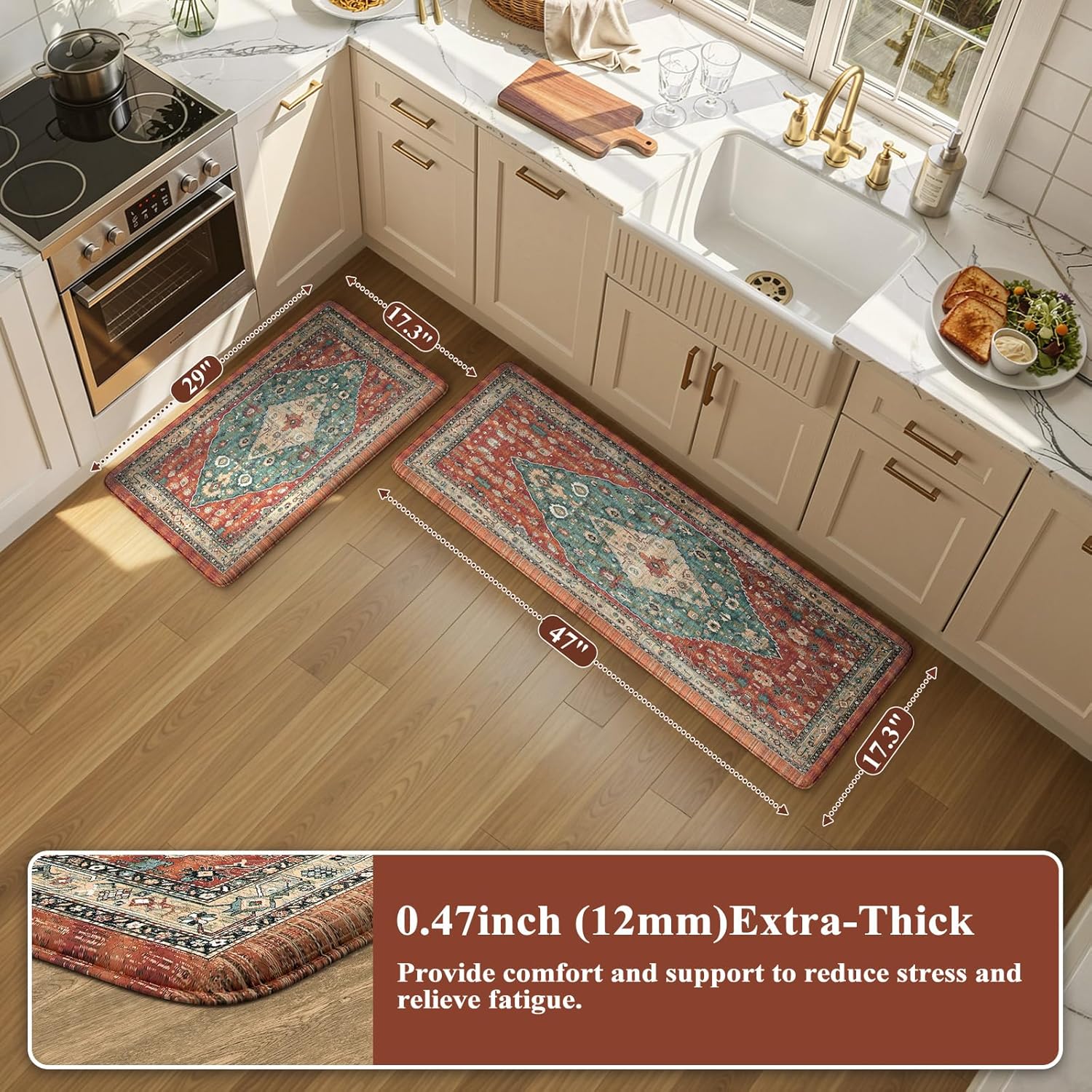 Collive Boho Kitchen Mats 2PCS, Cushioned Kitchen Mat for Floor Anti Fatigue Waterproof Kitchens Rugs Set of 2, Non Skid Comfort Standing Rug for Office, Sink, Laundry, 17.3"x29"+17.3"x47"