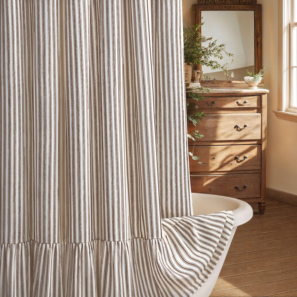 Beige Linen Farmhouse Ruffle Shower Curtain 72"×72", Rustic Boho Country Bathroom Fabric Curtain