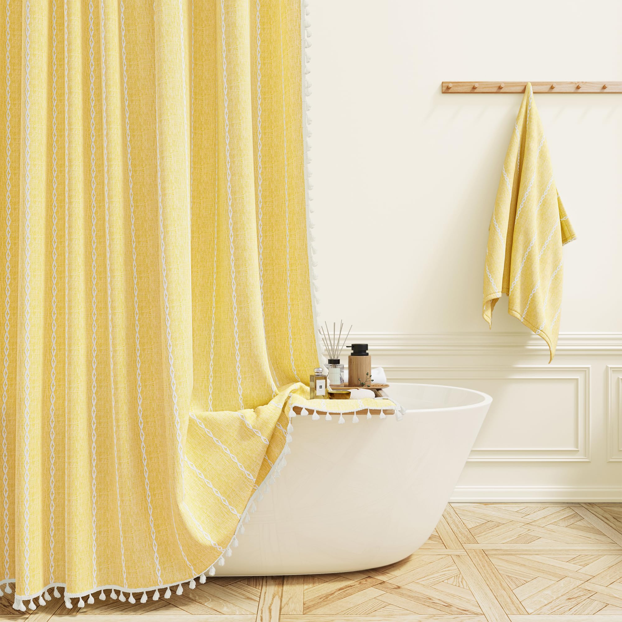 BTTN Boho Farmhouse Shower Curtain, Linen Rustic Weighted Striped Cloth Shower Curtain Set with Tassel, Water Repellent, Bohemian Vintage Country Fabric Shower Curtain for Bathroom, Cream/Beige, 72x72