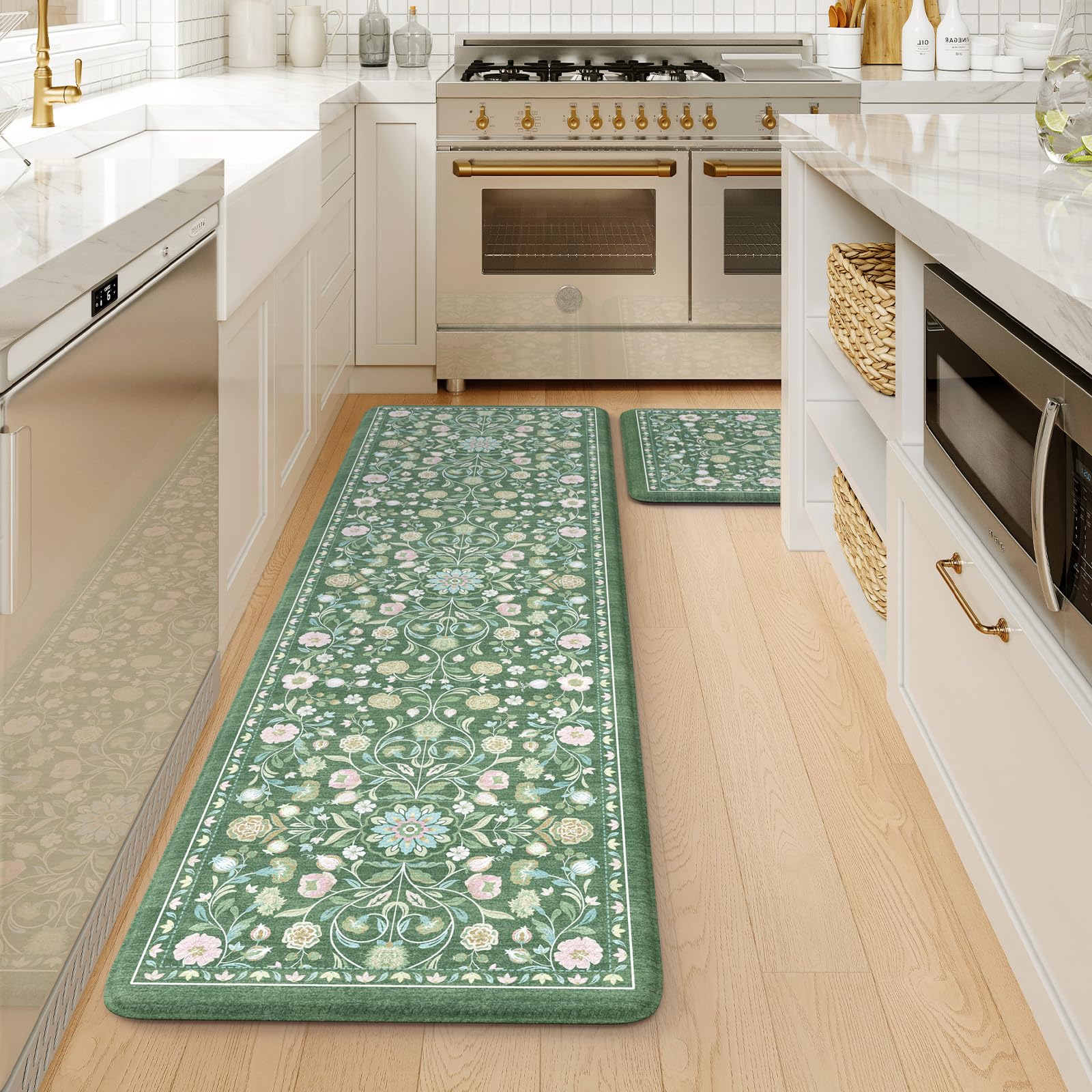 KIMODE Anti Fatigue Mats for Kitchen Floor Non Slip,Farmhouse Boho Floral Standing Kitchen Rugs Sets of 2,Comfort Cushioned Padded Ergonomic Carpet for Laundry Sink Office,Beige