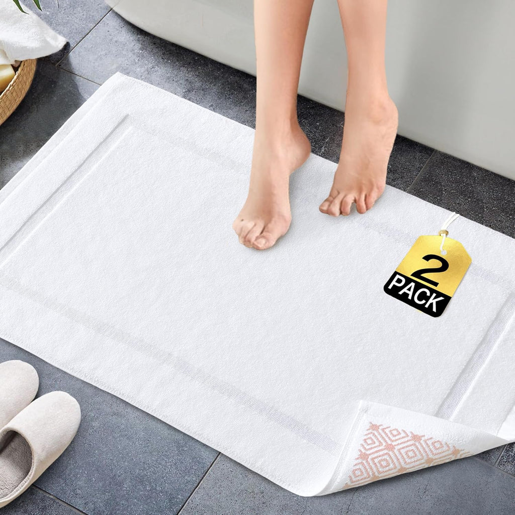 VOOVA & MOVAS White Hotel-Grade Quality Cotton Bath Mats Set of 2 - Non Slip Design, Thick 1000gsm, Absorbent, Machine Washable, Large 22"x35" Bathroom Floor Towels, Safe for Bath Floors