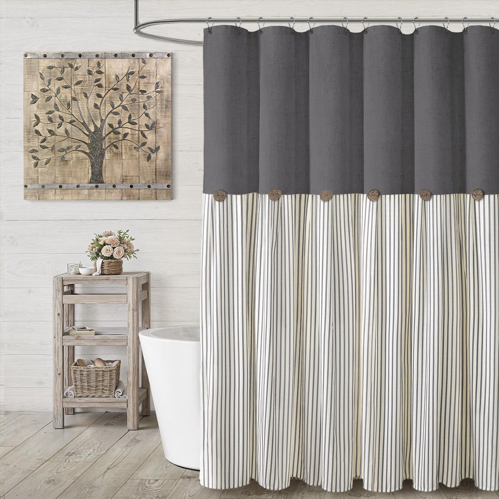 Farmhouse Shower Curtain Linen Beige Button Woven Fabric Country Rustic Western, Pleated Brown Stripe 72" W x 72" L