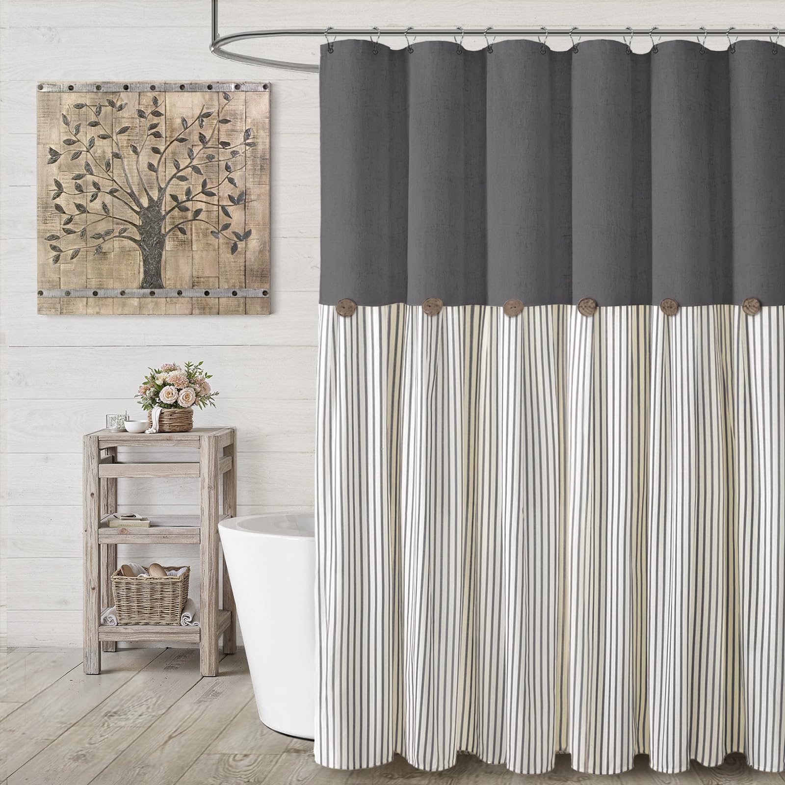 Farmhouse Shower Curtain Linen Beige Button Woven Fabric Country Rustic Western, Pleated Brown Stripe 72" W x 72" L