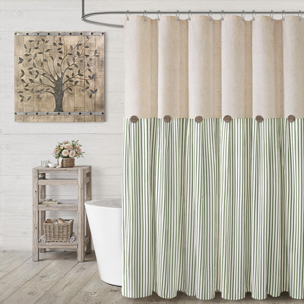 Farmhouse Shower Curtain Linen Beige Button Woven Fabric Country Rustic Western, Pleated Brown Stripe 72" W x 72" L