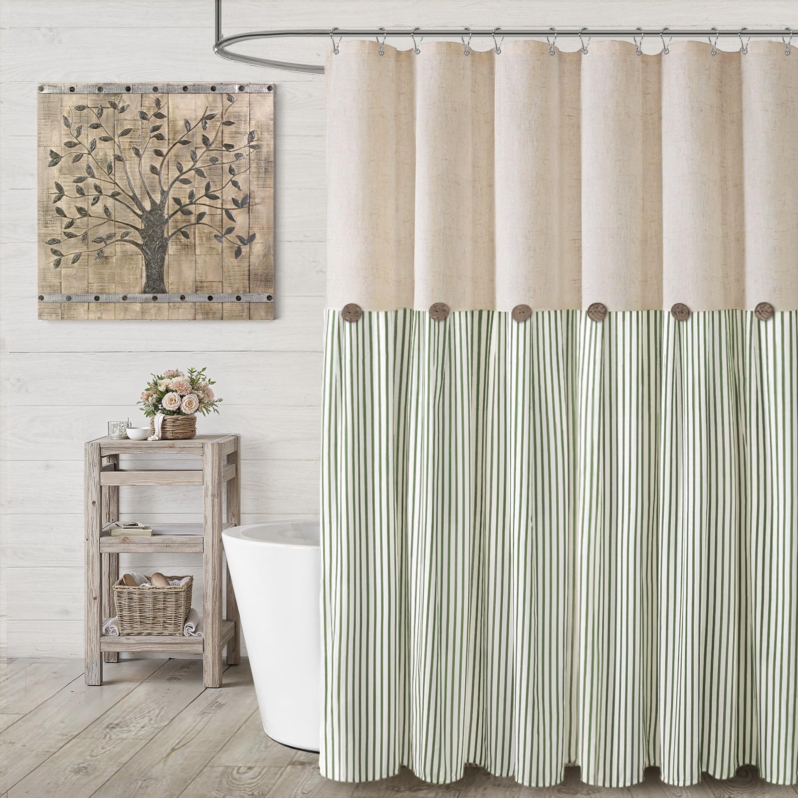 Farmhouse Shower Curtain Linen Beige Button Woven Fabric Country Rustic Western, Pleated Brown Stripe 72" W x 72" L