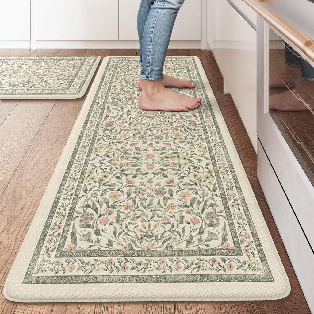 KIMODE Anti Fatigue Kitchen Mats for Floor, Boho Floral Kitchen Rugs Sets of 2, Cushioned Kitchen Floor Mats Non Slip, Comfort Spring Rugs for Kitchen Floor Sink Laundry Desk Beige 17.3"x29"+17.3"x47"