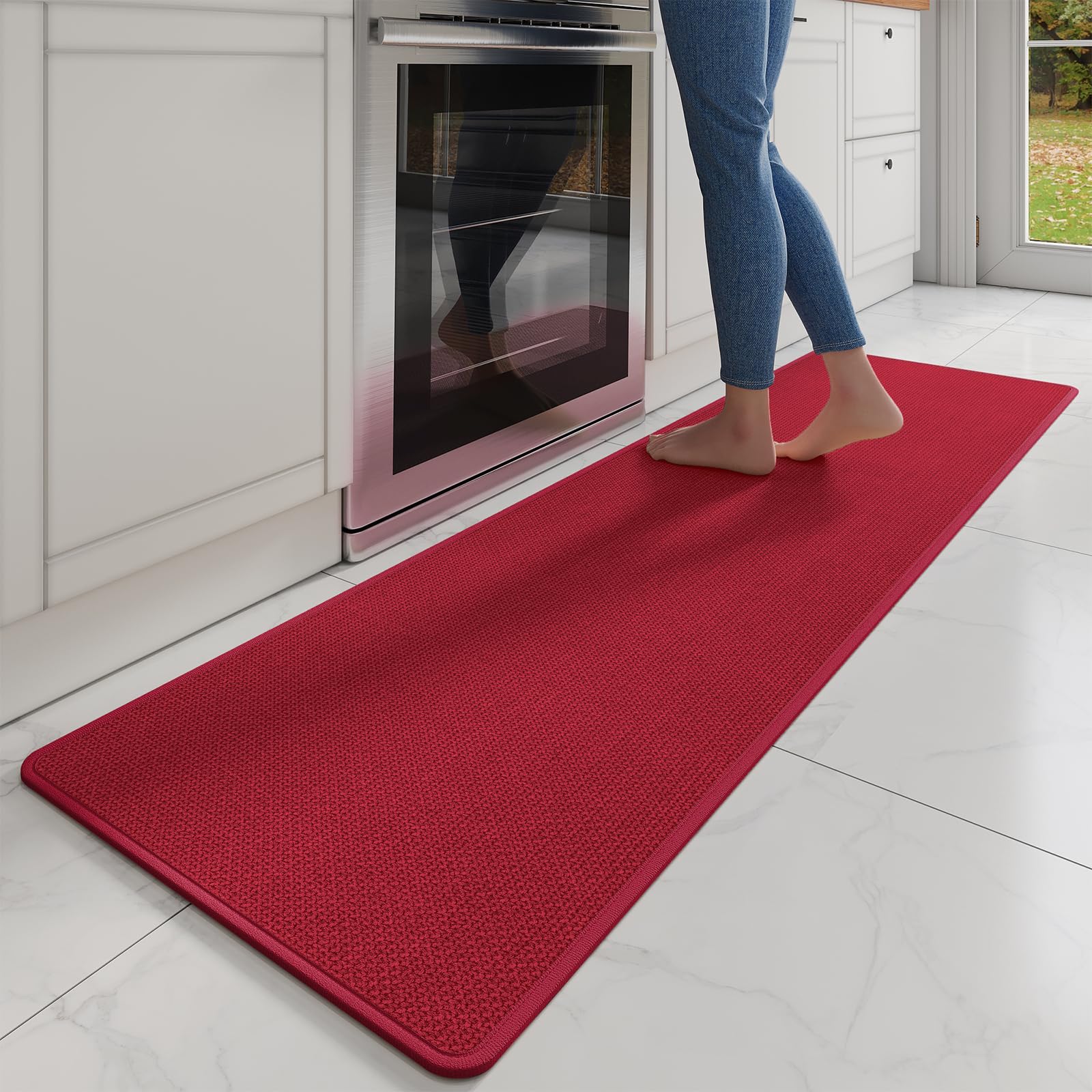 YDKGL Kitchen Mat Set of 2 PCS, Cushioned Non Slip Rugs for Kitchen Floor, Absorbent Runner Comfort Standing Mats Washable for Kitchen, Office, Home Red 17x30+17x59