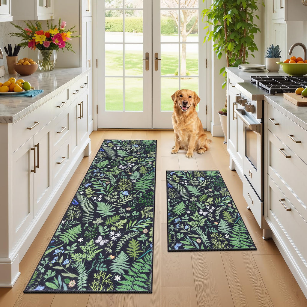 Ileading Kitchen Mat Sets 2 Piece,Plant Florals Rugs for Kitchen Floor,Stain Resistant Standing Mats with Non Slip Rubber Backing,Waterproof Runner Rugs for Laundry,Doormat,Entryway(Beige Florals)