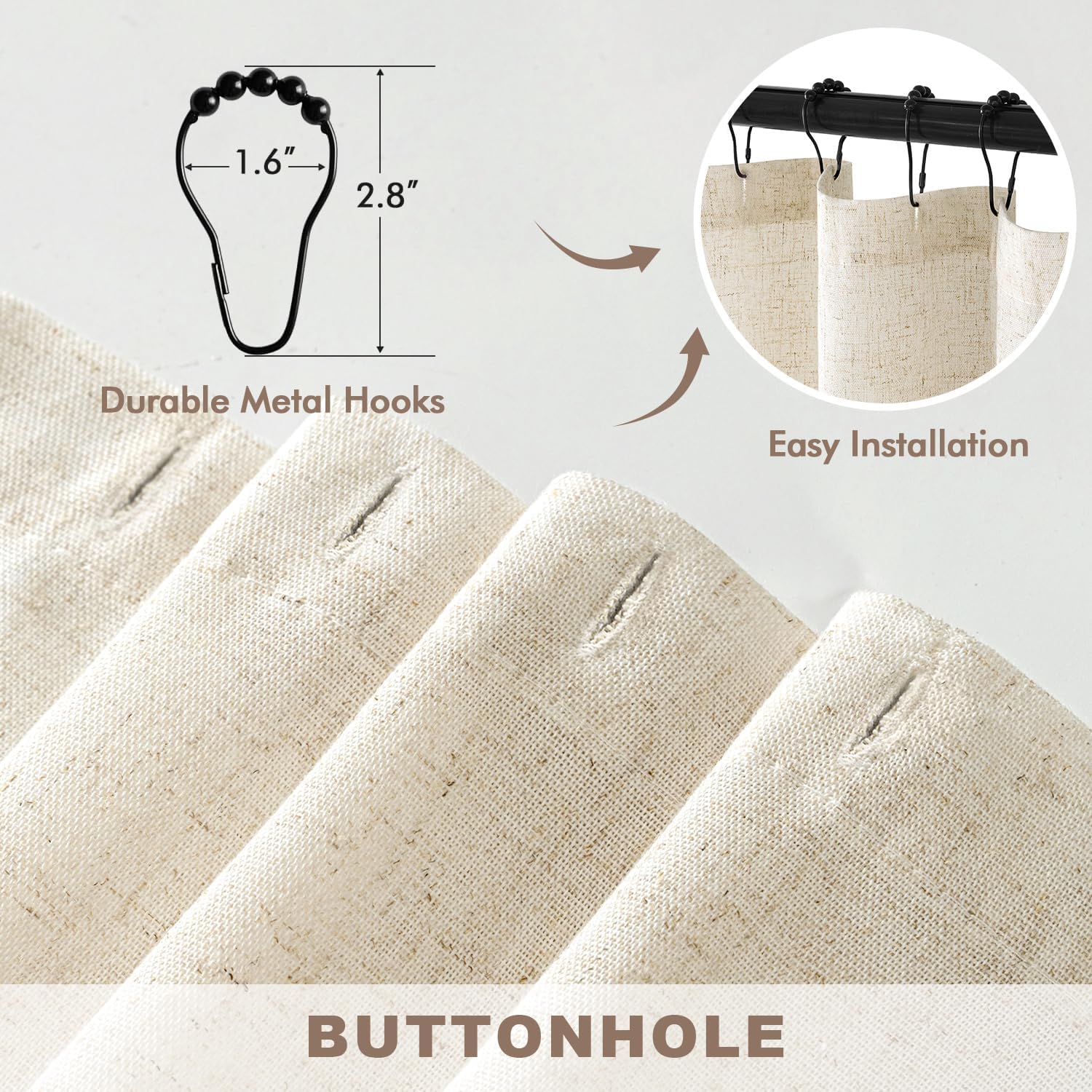 MIULEE Extra Long Linen Shower Curtain 84 Inches with 12 Metal Hooks Boho Farmhouse Heavy Buttonhole Fabric Shower Curtain Set Waterproof Thick Cloth Neutral Curtains for Bathroom W72*L84, Natural