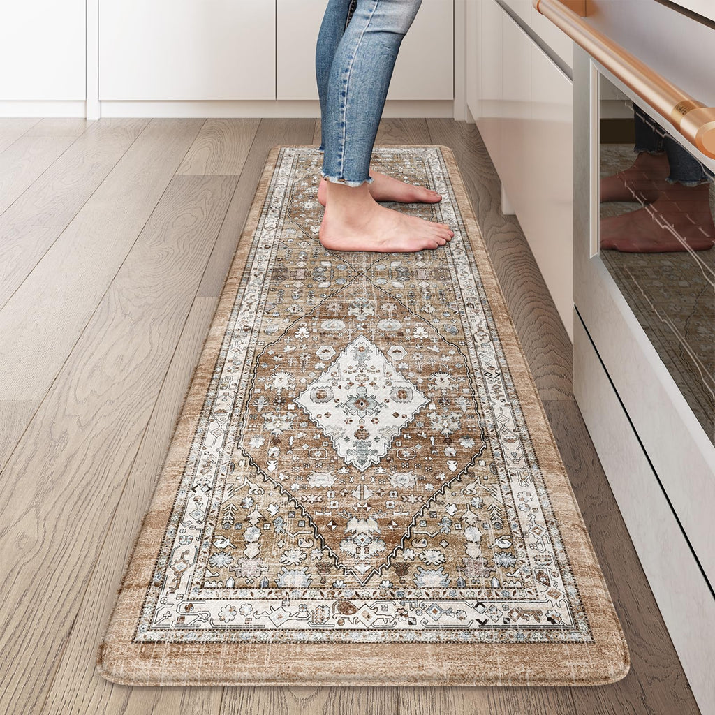 Collive Boho Kitchen Mats 2PCS, Cushioned Kitchen Mat for Floor Anti Fatigue Waterproof Kitchens Rugs Set of 2, Non Skid Comfort Standing Rug for Office, Sink, Laundry, 17.3"x29"+17.3"x47"