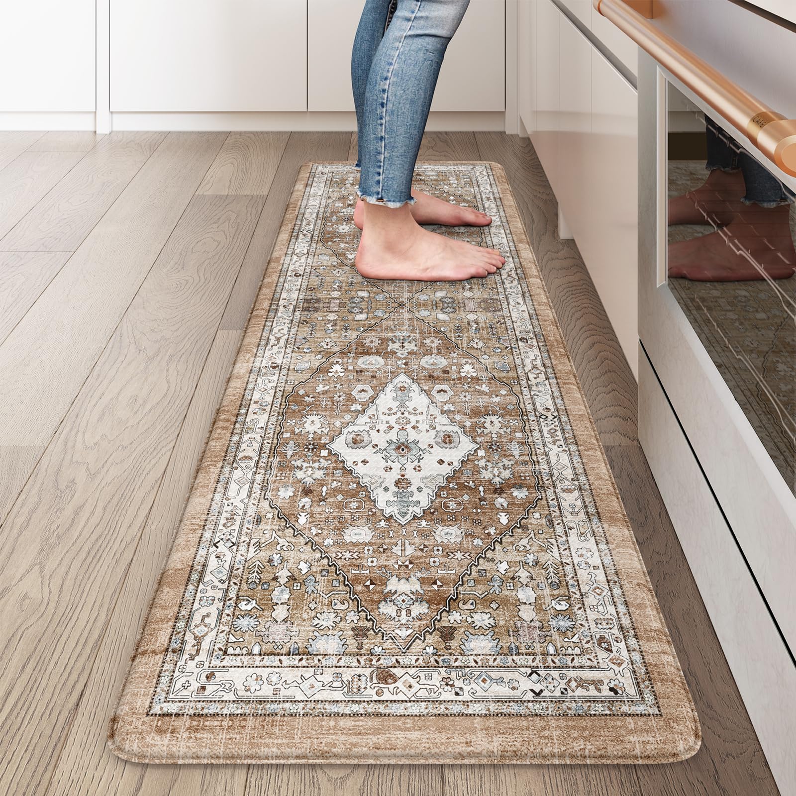 Collive Boho Kitchen Mats 2PCS, Cushioned Kitchen Mat for Floor Anti Fatigue Waterproof Kitchens Rugs Set of 2, Non Skid Comfort Standing Rug for Office, Sink, Laundry, 17.3"x29"+17.3"x47"
