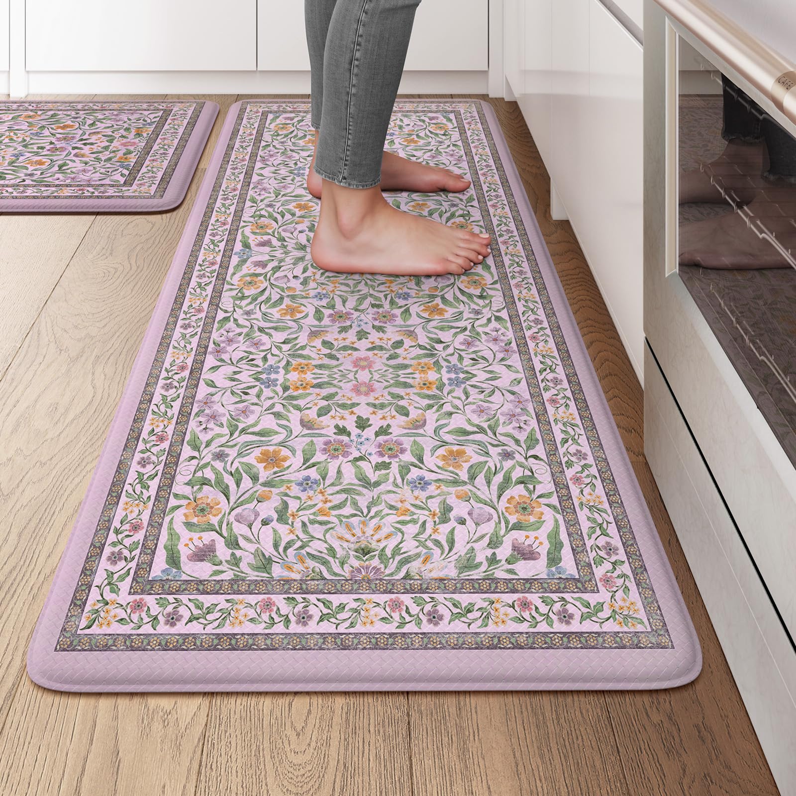 KIMODE Anti Fatigue Kitchen Mats for Floor, Boho Floral Kitchen Rugs Sets of 2, Cushioned Kitchen Floor Mats Non Slip, Comfort Spring Rugs for Kitchen Floor Sink Laundry Desk Beige 17.3"x29"+17.3"x47"