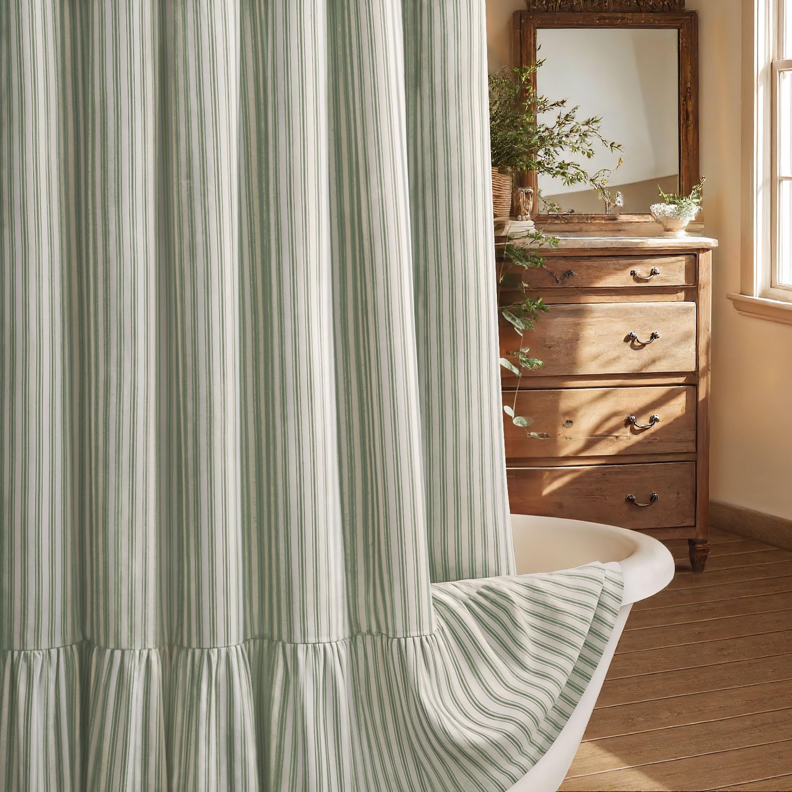 Beige Linen Farmhouse Ruffle Shower Curtain 72"×72", Rustic Boho Country Bathroom Fabric Curtain