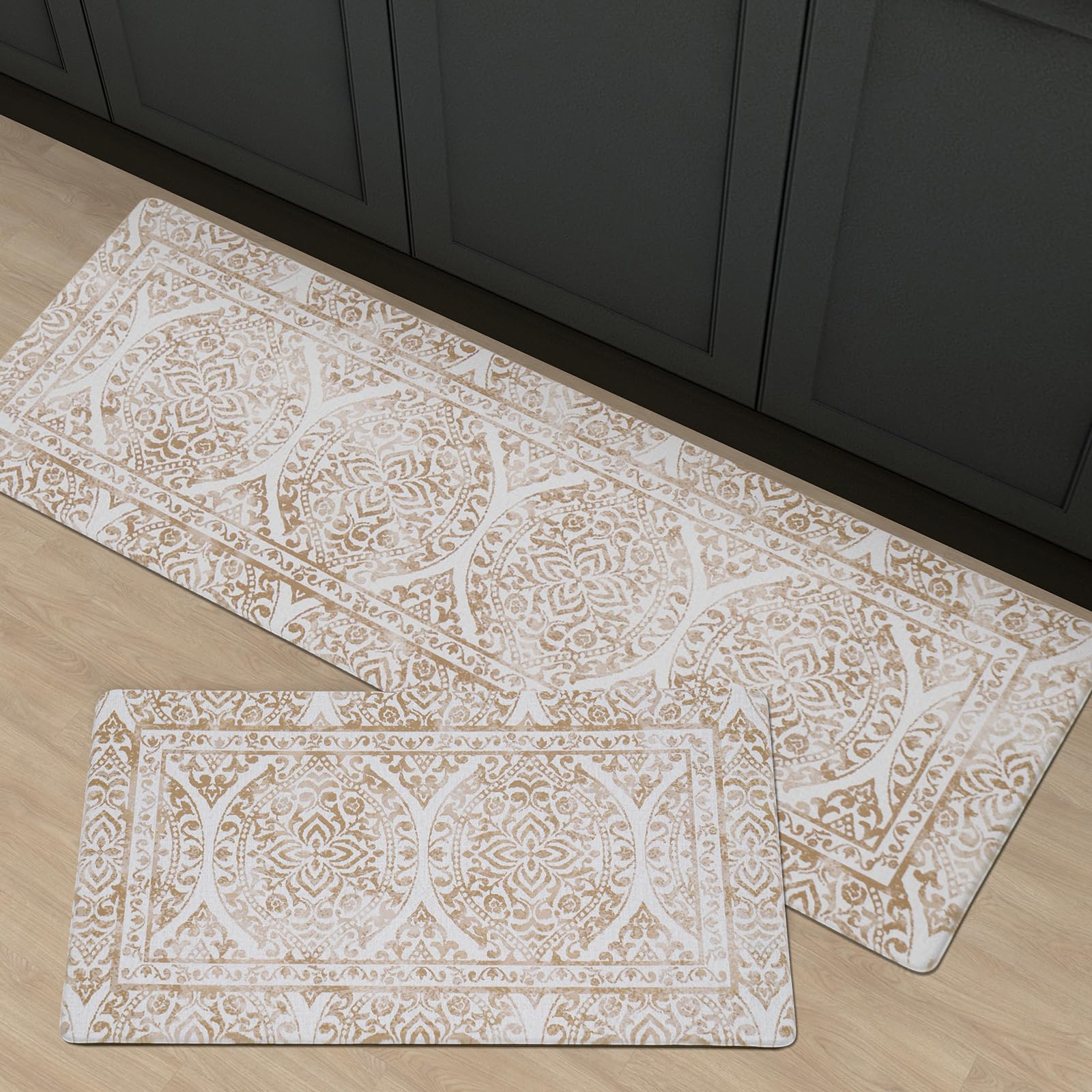 FRESHMINT Anti Fatigue Kitchen Mats for Floor 2 Piece Set, Waterproof & Non-Skid Vintage Floarl Kitchen Rugs, Cushioned Kitchen Mat for Standing Washable Comfort Desk Kitchen Runners, 17x30''+17x47''