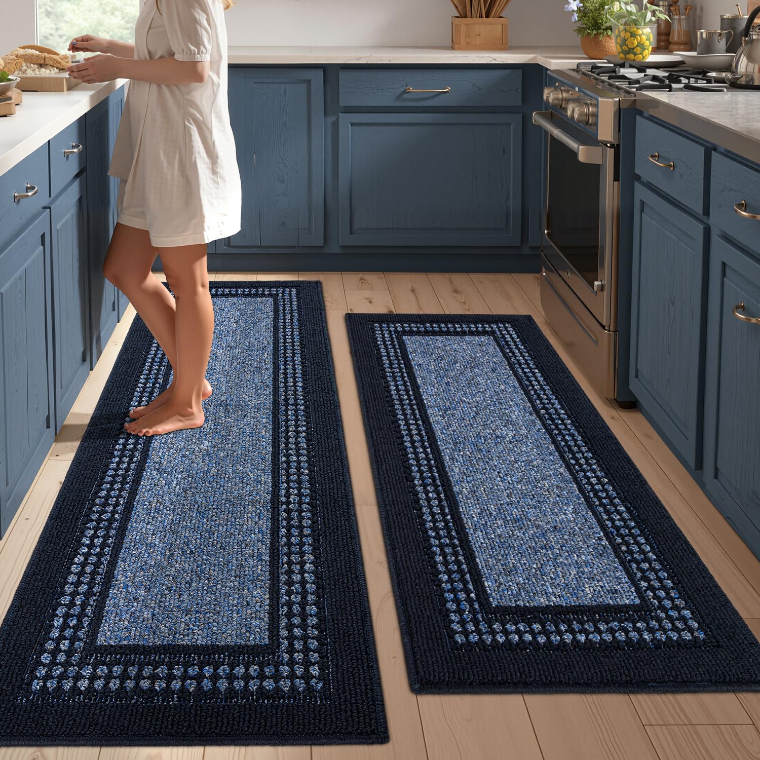 hicorfe Kitchen Runner Rugs,Set of 2 Non Slip Kitchen Mats for Floor,Vintage Stain Resistant Kitchen Mat Floor Carpet for Hallways Entryway Laundry Room Washable(20"x59"+20"x48",Grey)