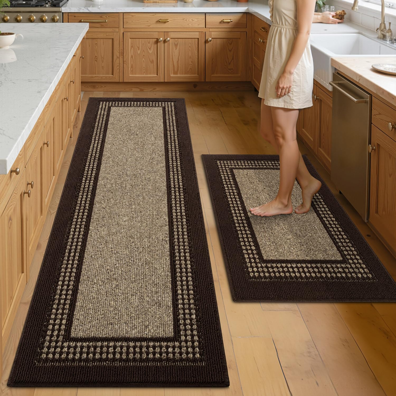 hicorfe Kitchen Runner Rugs,Set of 2 Non Slip Kitchen Mats for Floor,Vintage Stain Resistant Kitchen Mat Floor Carpet for Hallways Entryway Laundry Room Washable(20"x59"+20"x48",Grey)
