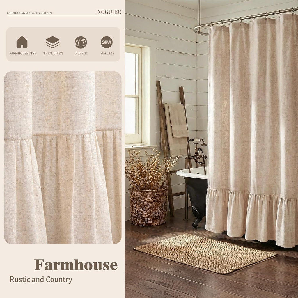 Beige Linen Farmhouse Ruffle Shower Curtain 72"×72", Rustic Boho Country Bathroom Fabric Curtain