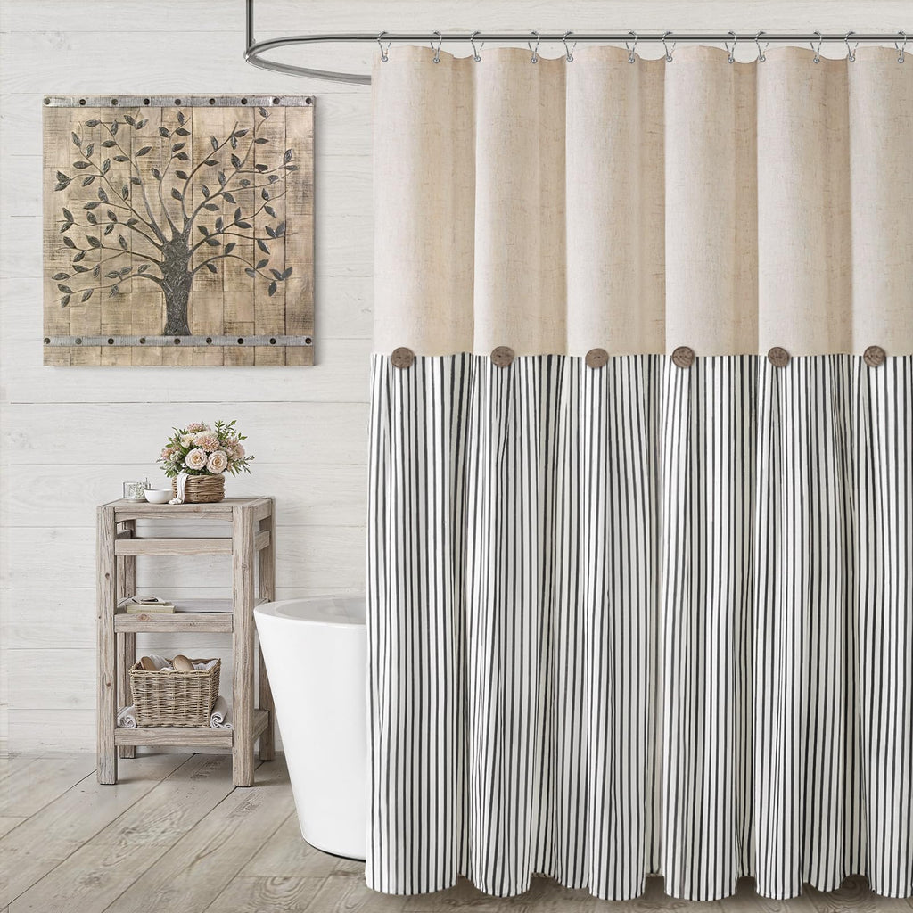 Farmhouse Shower Curtain Linen Beige Button Woven Fabric Country Rustic Western, Pleated Brown Stripe 72" W x 72" L