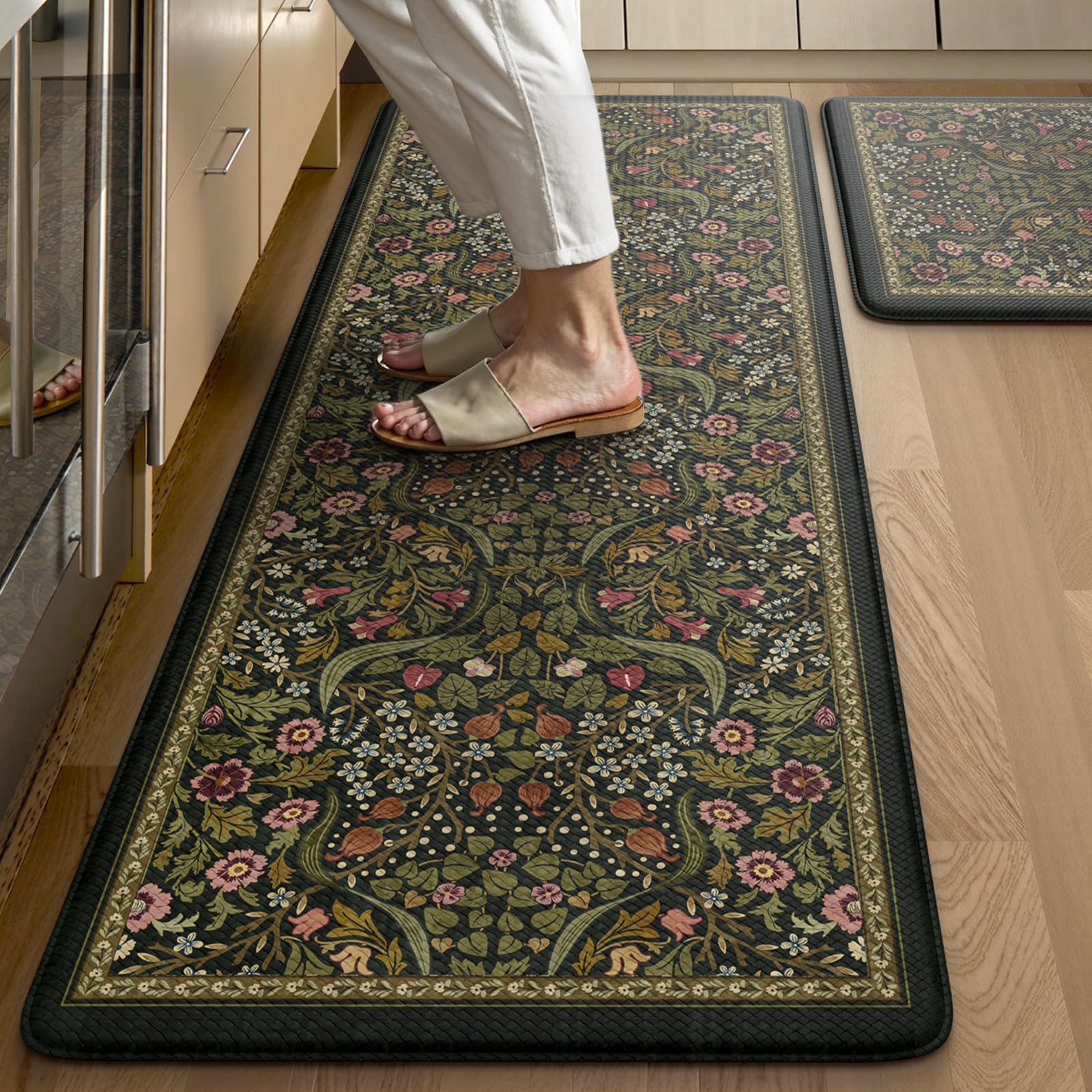 Collive Kitchen Mats for Floor 2PCS, Cushioned Anti Fatigue Mat Non Slip Waterproof Kitchen Sink Rugs, Washable Vintage Spring Floral Rug Comfort Standing Mat for Laundry, Desk, Bar, Office, Black